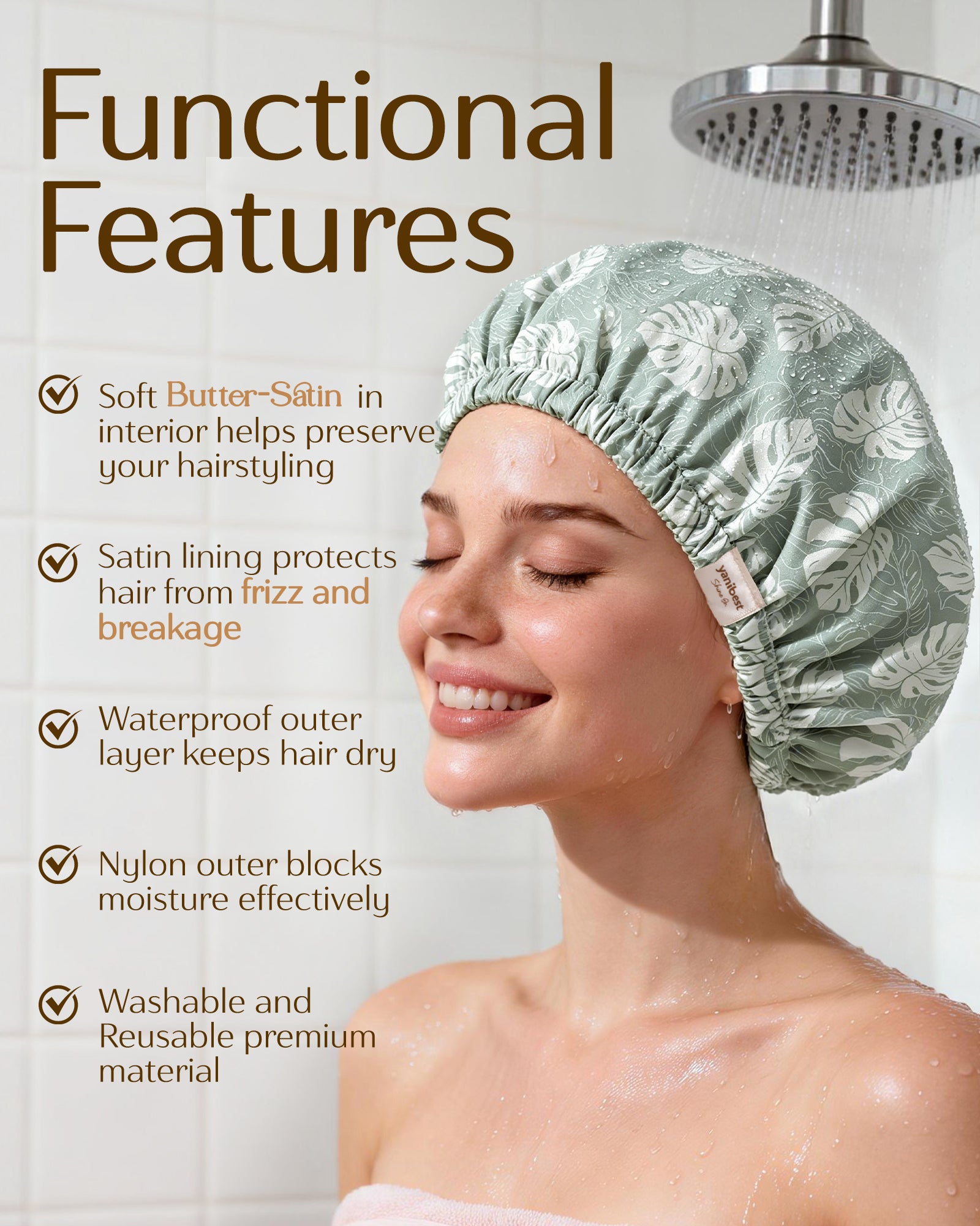 Butter Satin Lined Waterproof Shower Cap - Fresh Green