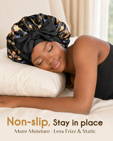 Silk Butter Satin Bonnet with Tie Band - Black Gold Floral