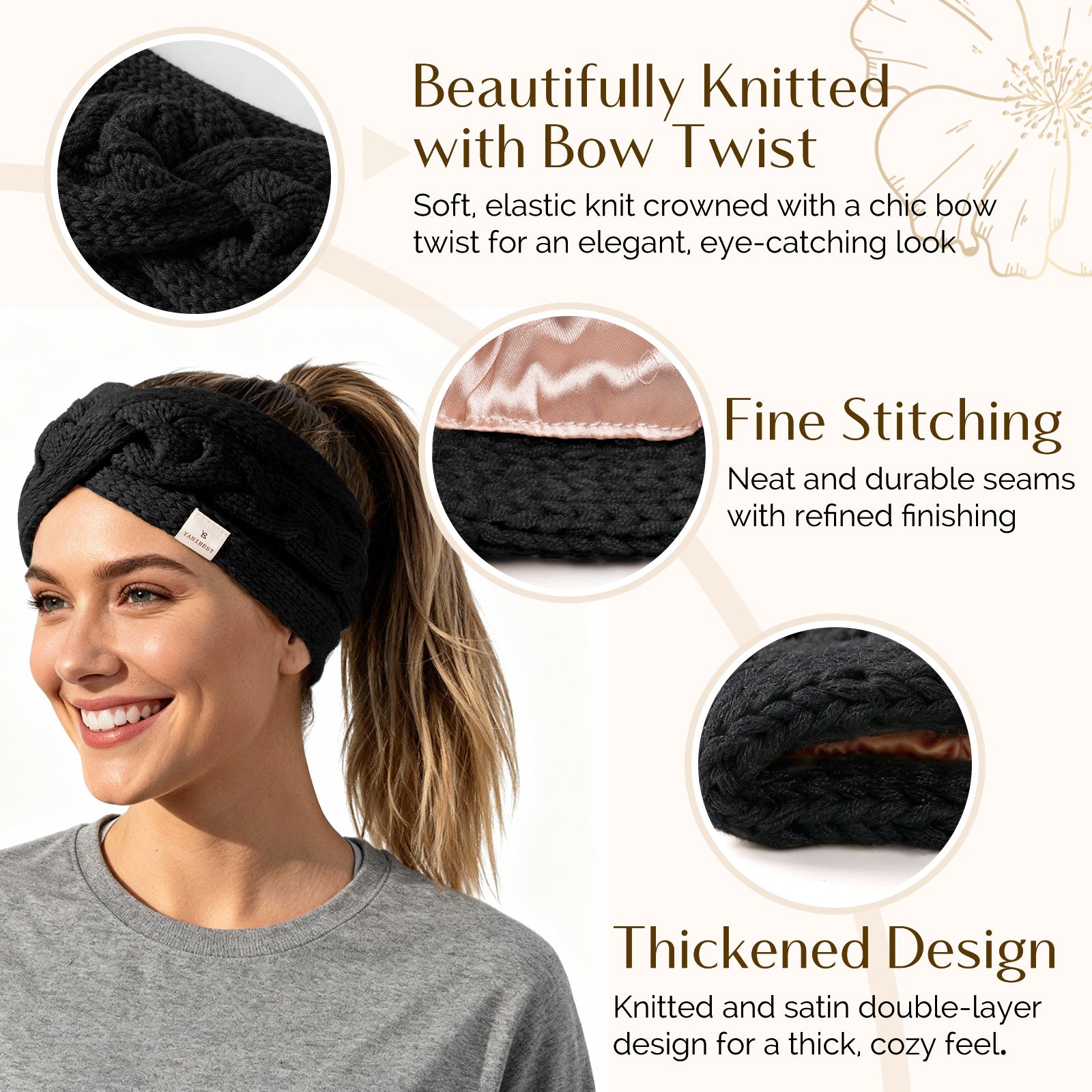 Satin Lined Headbands for Winter - Black