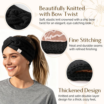 Satin Lined Headbands for Winter - Black