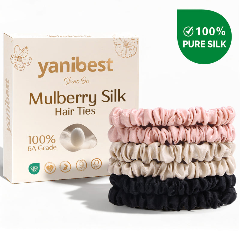 YANIBEST 6-Piece Mulberry Silk Skinny Scrunchies Set, 6A Grade 100% Pure Silk Hair Ties, OEKO-TEX Certified, Gentle & No-Crease Hair Accessories for All Hair Types