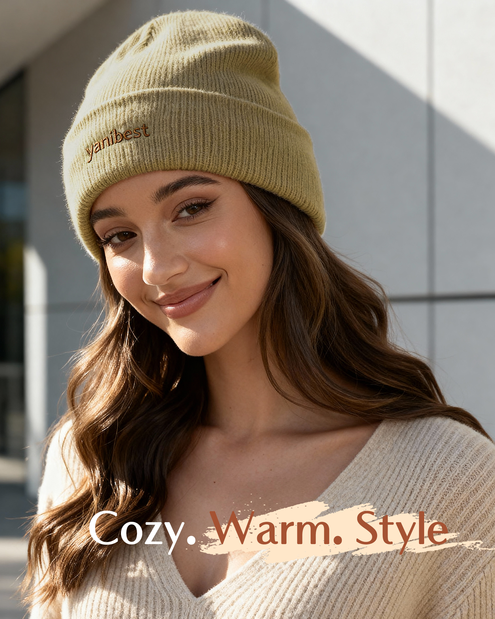 young girl wearing YANIBEST Beige Knit Beanie with Butter-Satin Lining, stylish and cozy winter hat for hair protection, prevents frizz and retains moisture, close-up lifestyle shot