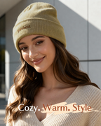 young girl wearing YANIBEST Beige Knit Beanie with Butter-Satin Lining, stylish and cozy winter hat for hair protection, prevents frizz and retains moisture, close-up lifestyle shot