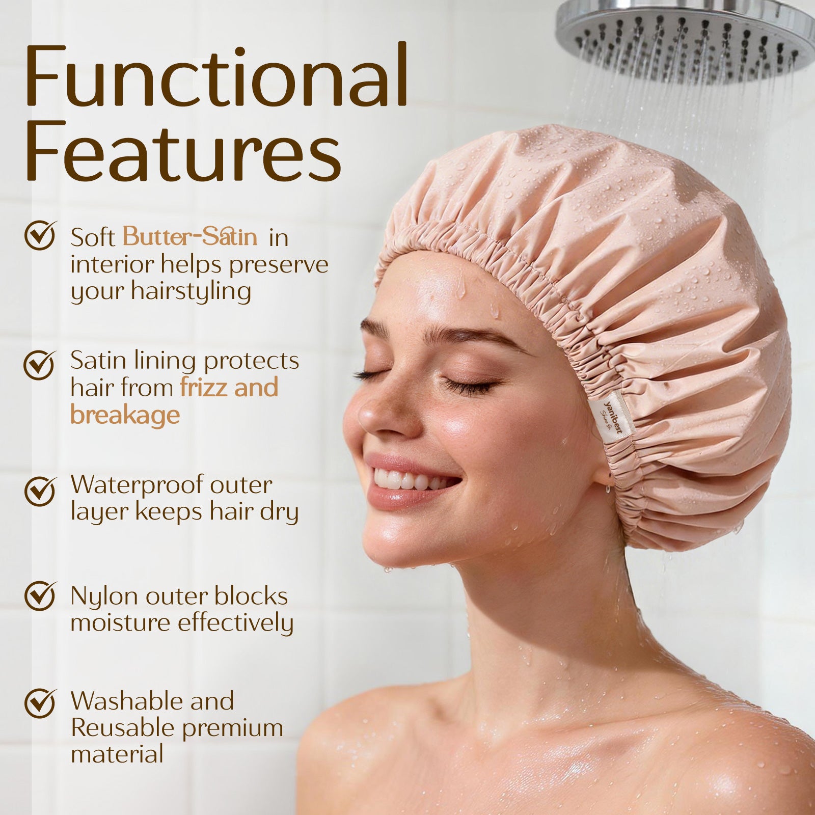 Butter Satin Lined Waterproof Shower Cap - Blush Pink