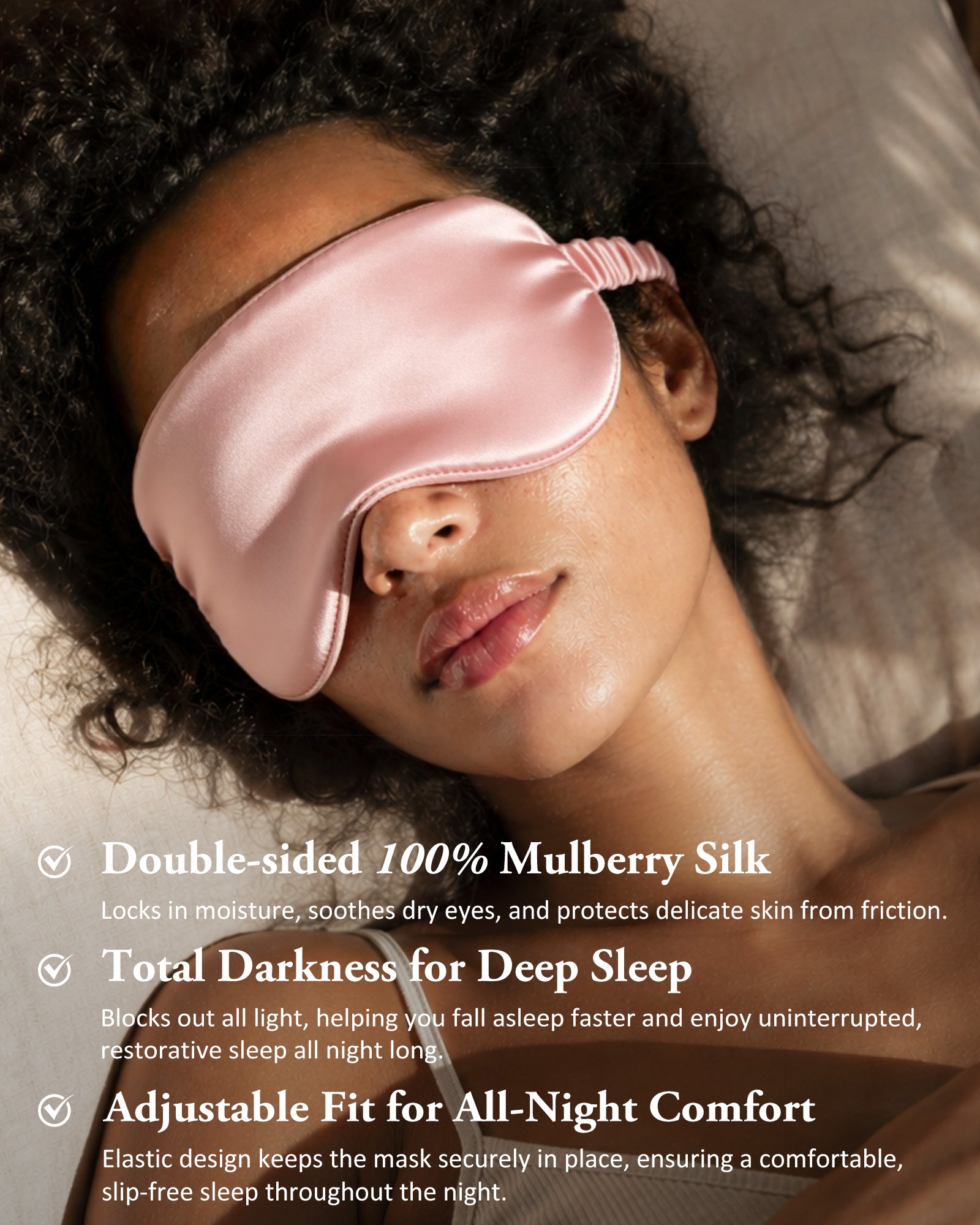 YANIBEST Pink Silk Eye Mask on Model, 100% Mulberry Silk 3D Sleep Mask to Protect Eyelash Extensions, Total Blackout Design for Restful Sleep, Skin-friendly and Breathable