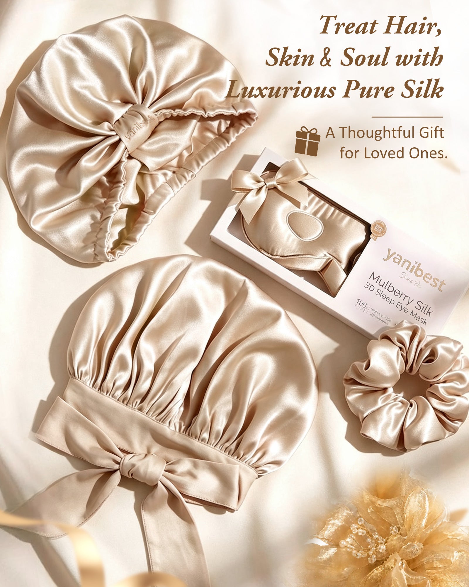 YANIBEST 100% Mulberry Silk Hair Care Gift Set in Champagne, includes 22 Momme Silk Bonnet, Silk Sleep Mask and Silk Scrunchies, Luxury Pure Silk Collection for Hair and Skin Protection