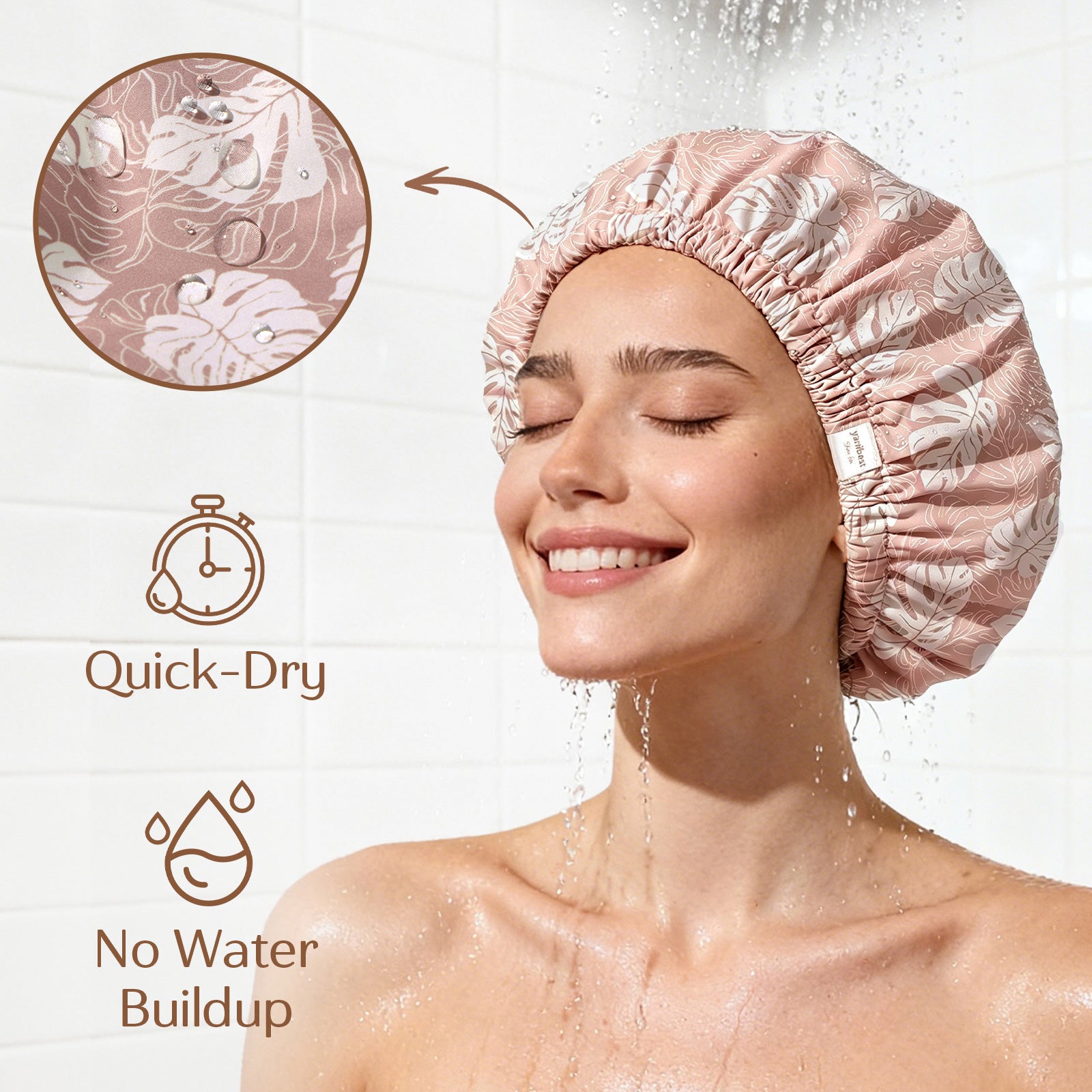Butter Satin Lined Waterproof Shower Cap - Pink Leaves