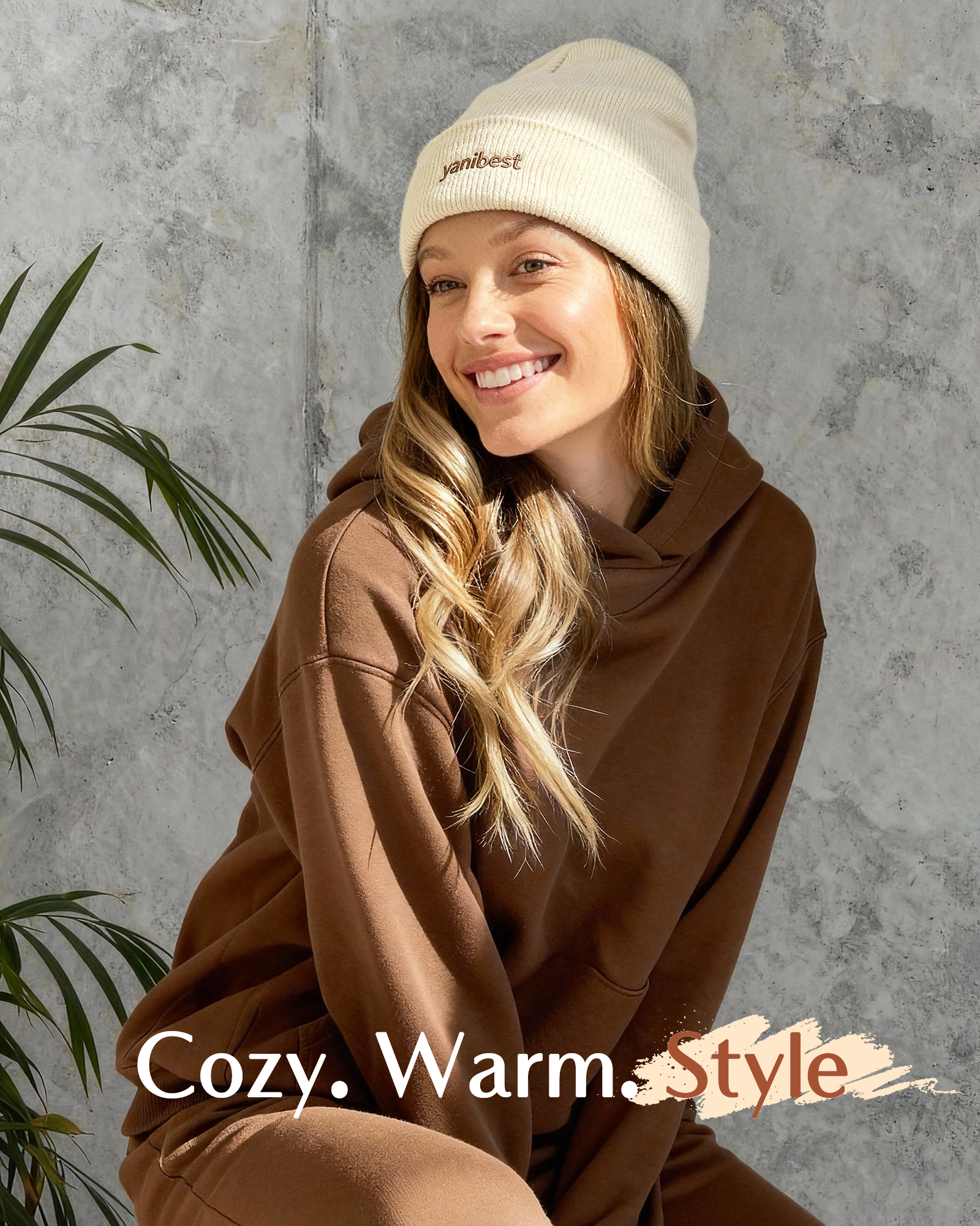 Female model wearing YANIBEST Off-White Knit Beanie with 100% Mulberry Silk Lining, cozy and warm winter slouchy hat for hair care, prevents frizz and breakage, lifestyle shot