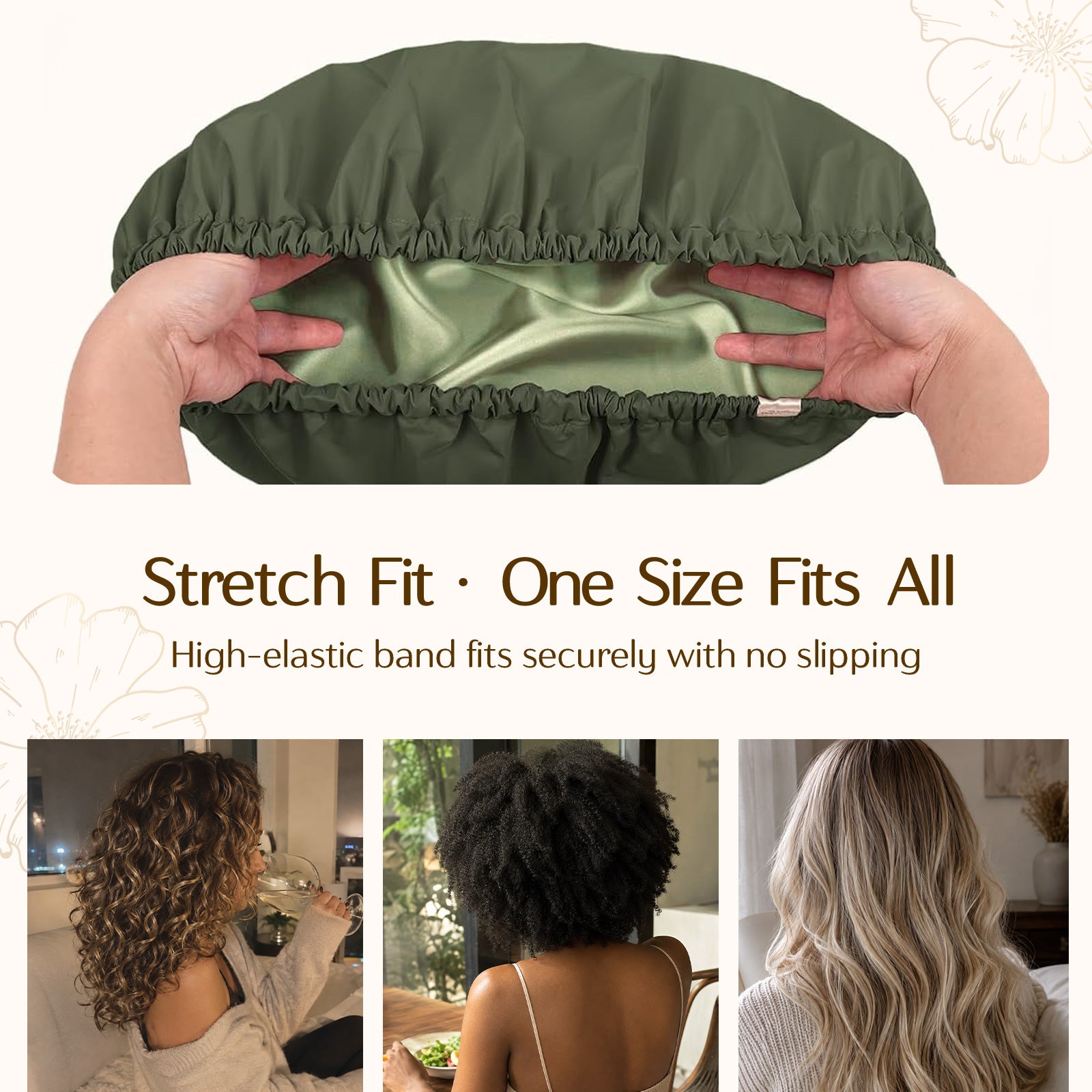 Butter Satin Lined Waterproof Shower Cap - Dark Green