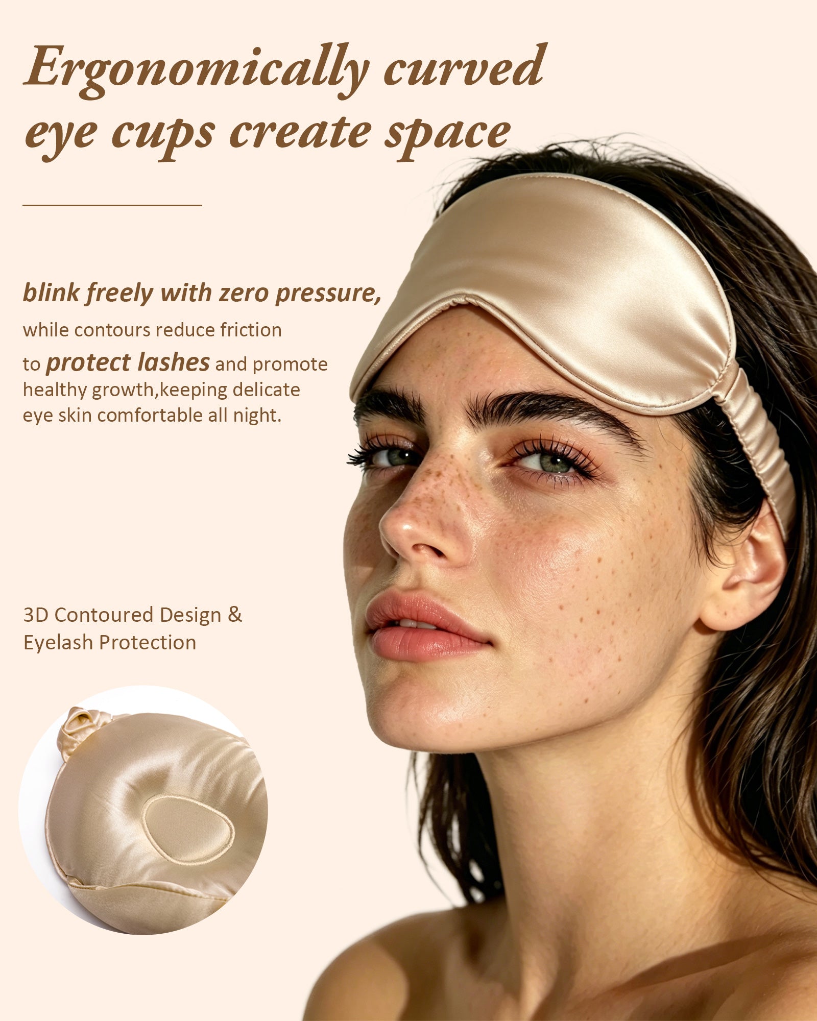 YANIBEST 3D Contoured Mulberry Silk Sleep Mask for Eyelash Protection, Ergonomically Curved Eye Cups for Zero Pressure, Total Blackout Blindfold for Deep Restful Sleep, Champagne Silk