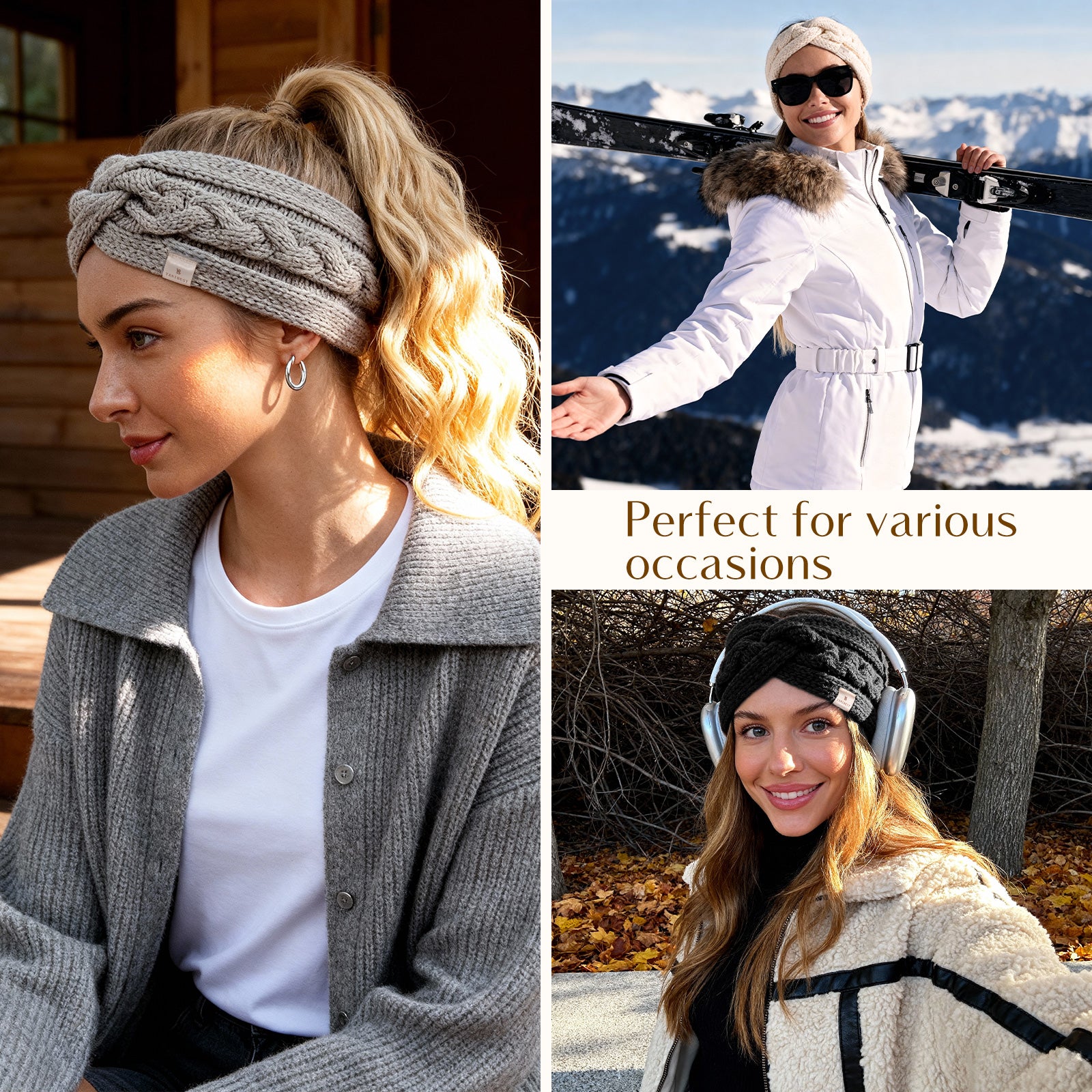 Satin Lined Headbands for Winter - Beige