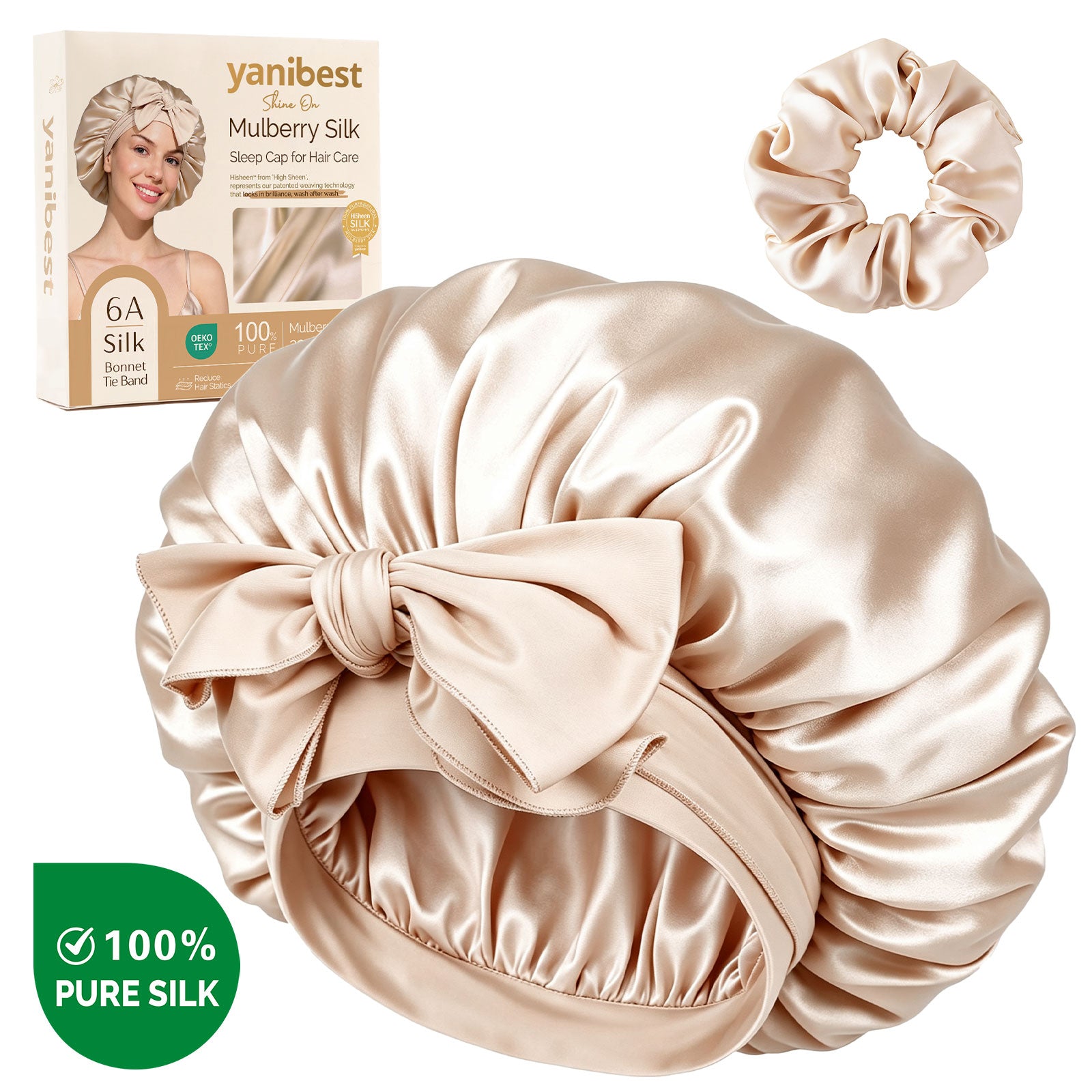 22 MOMME Mulberry Silk Bonnet with Tie Band - Champagne