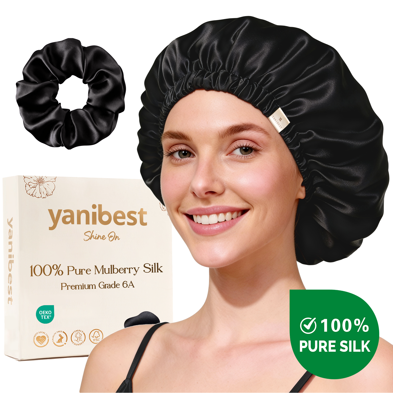 Hisheen Silk 6A Mulberry Silk Bonnet Adjustable Elastic - Black