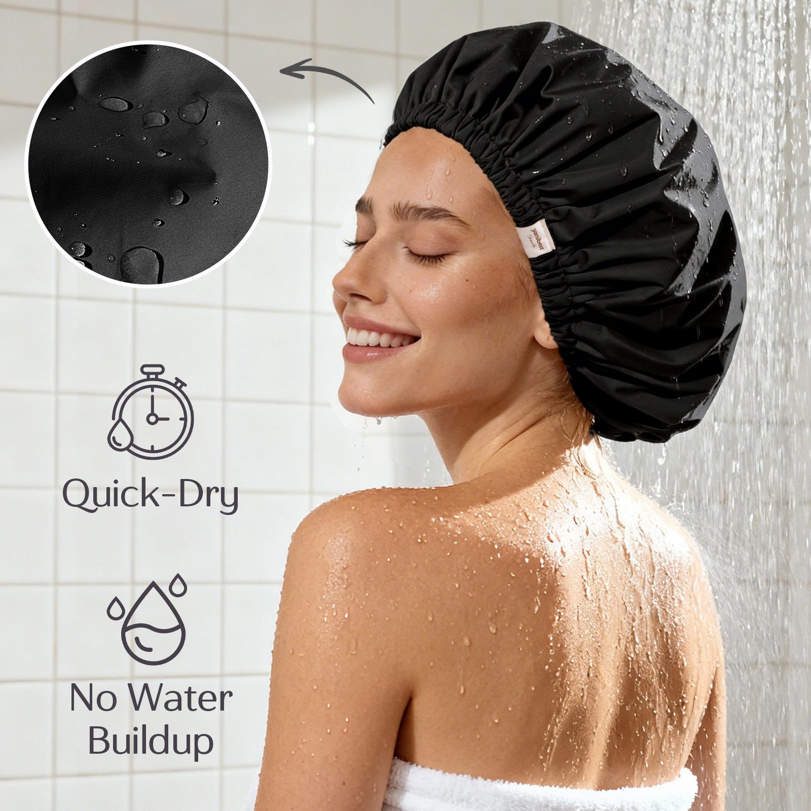 Butter Satin Lined Waterproof Shower Cap - Black