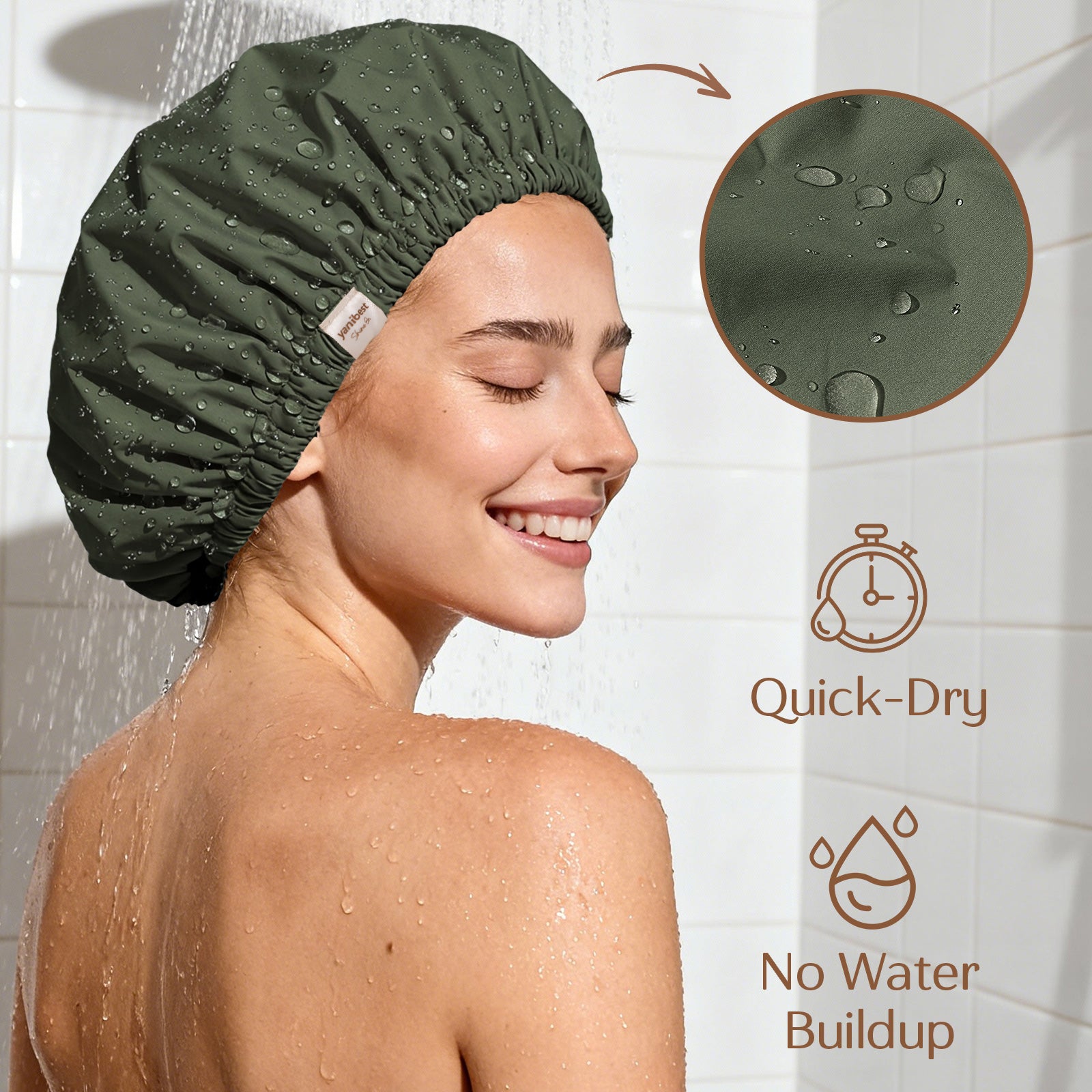 Butter Satin Lined Waterproof Shower Cap - Dark Green