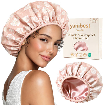 Butter Satin Lined Waterproof Shower Cap - Pink Leaves