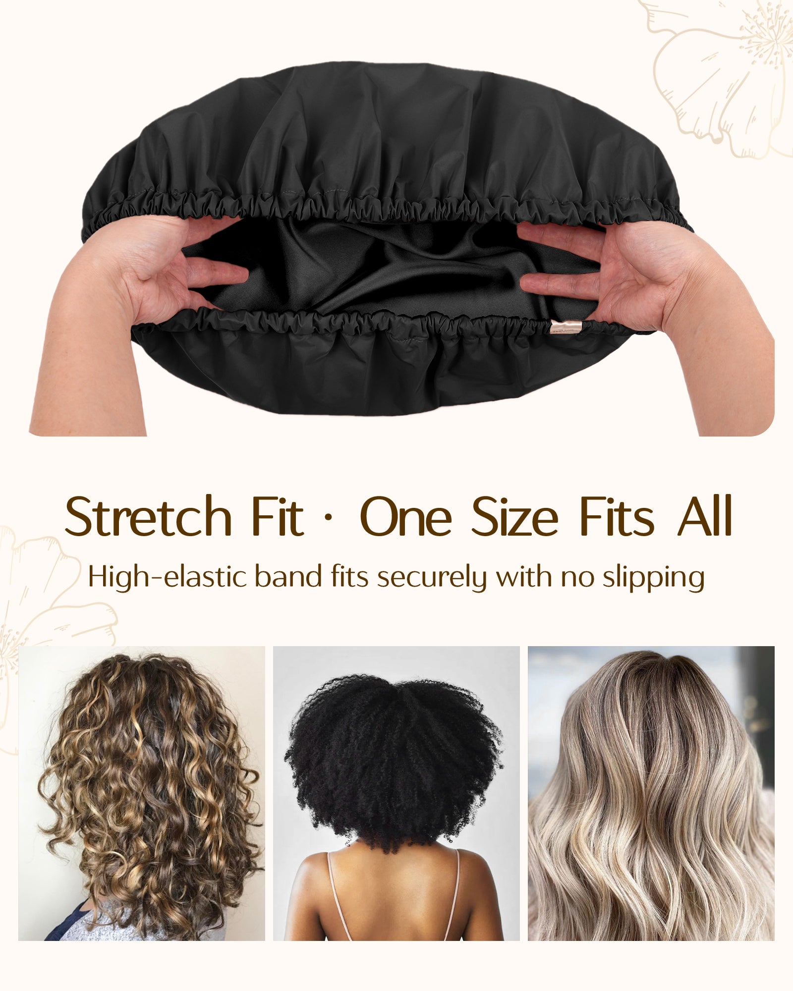 Butter Satin Lined Waterproof Shower Cap - Black