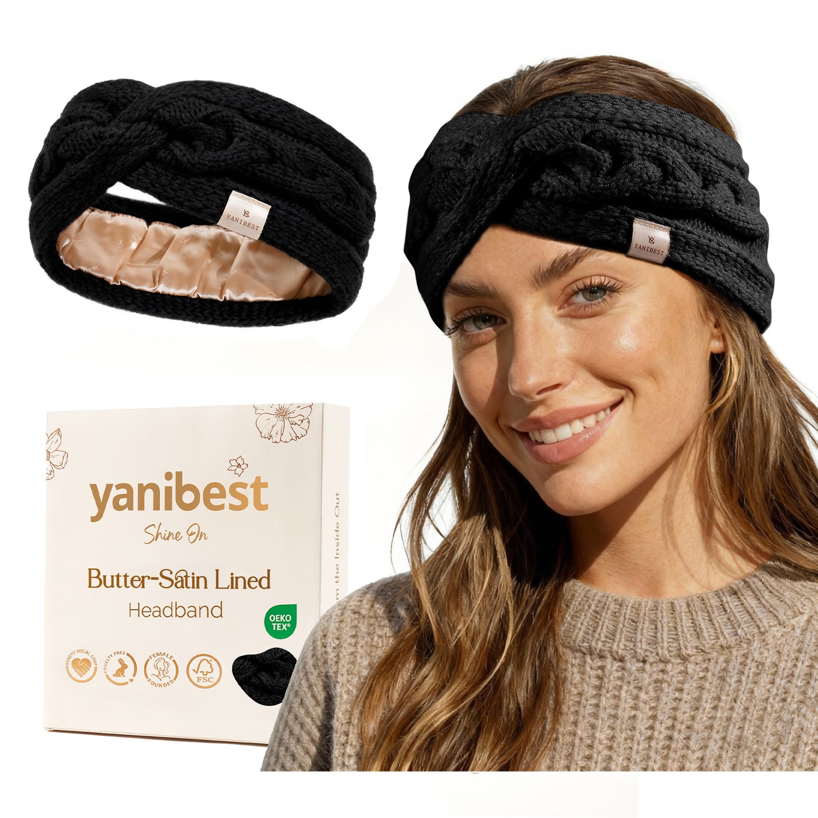 Satin Lined Headbands for Winter - Black