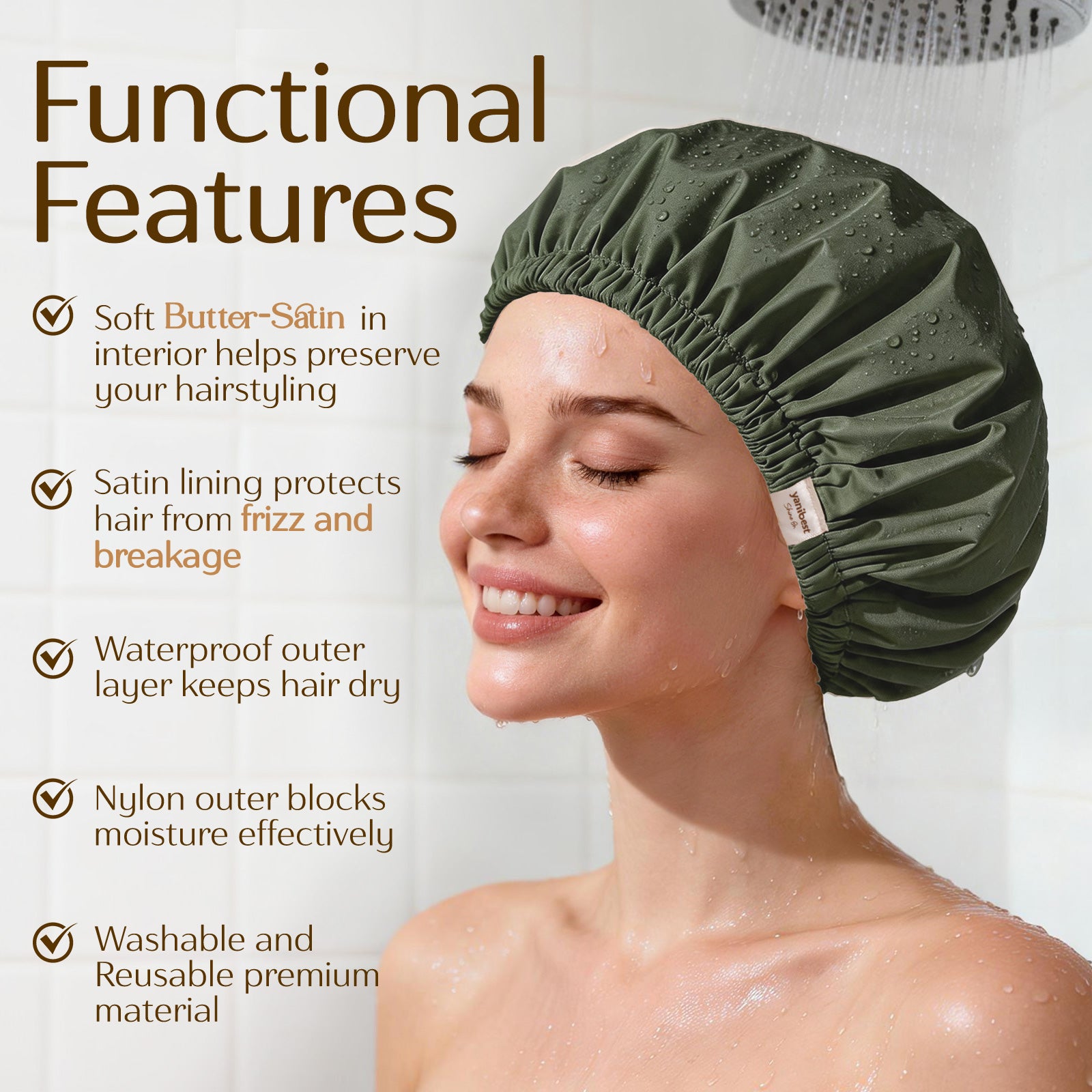 Butter Satin Lined Waterproof Shower Cap - Dark Green