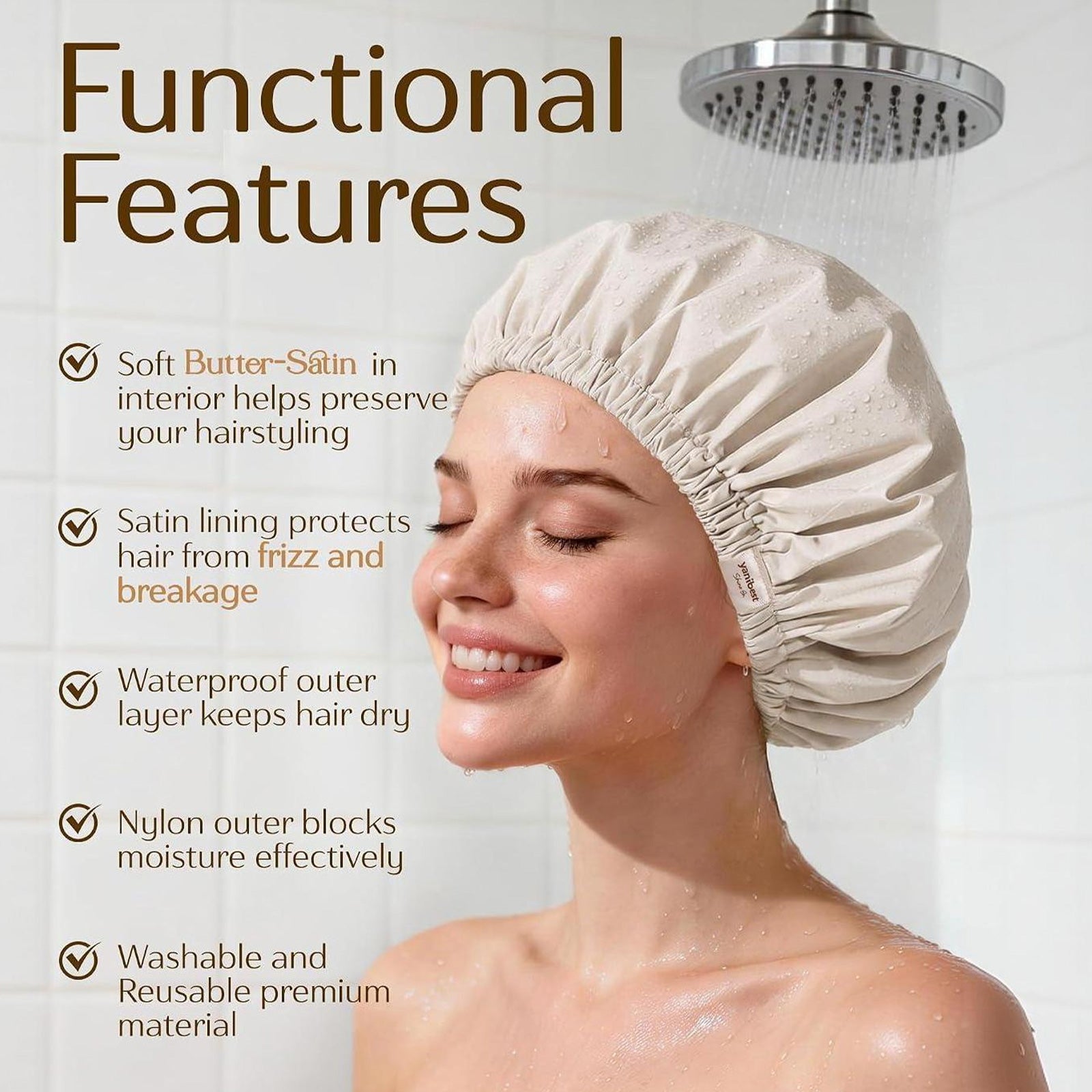 Butter Satin Lined Waterproof Shower Cap - Cream
