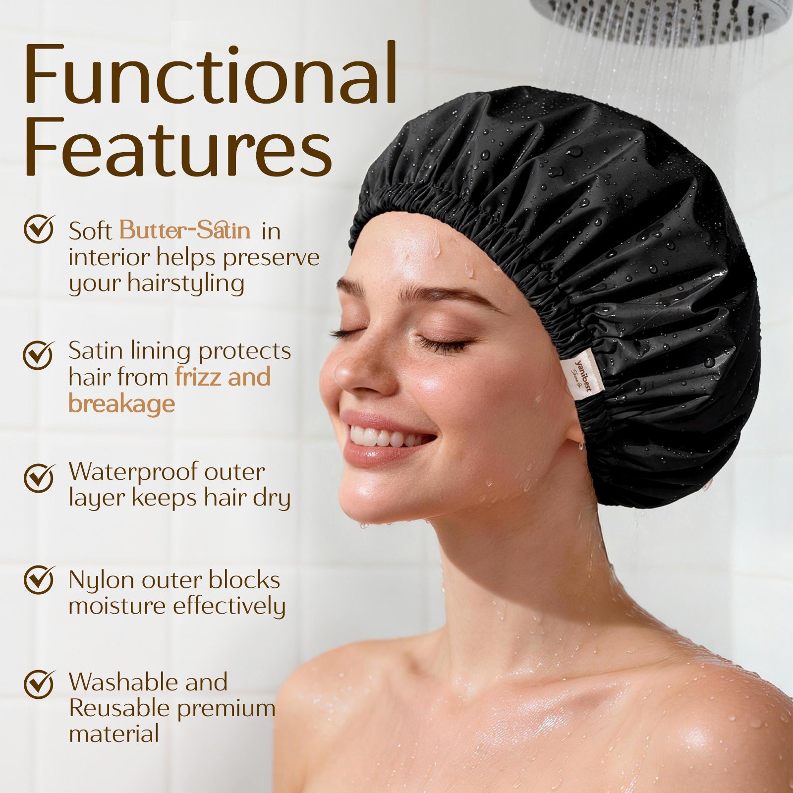 Butter Satin Lined Waterproof Shower Cap - Black