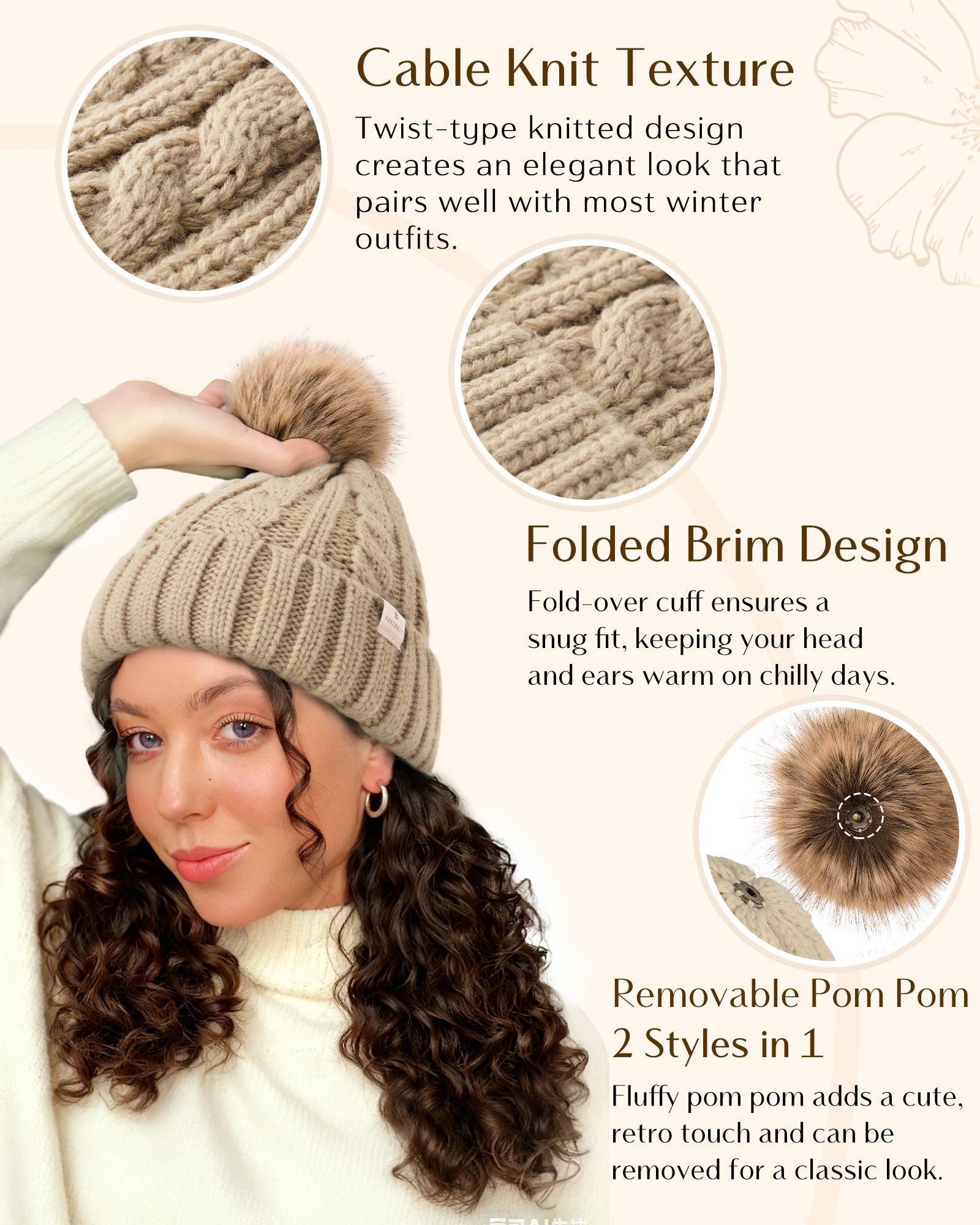 Butter Satin Lined Pom Winter Beanie - Oat Gray