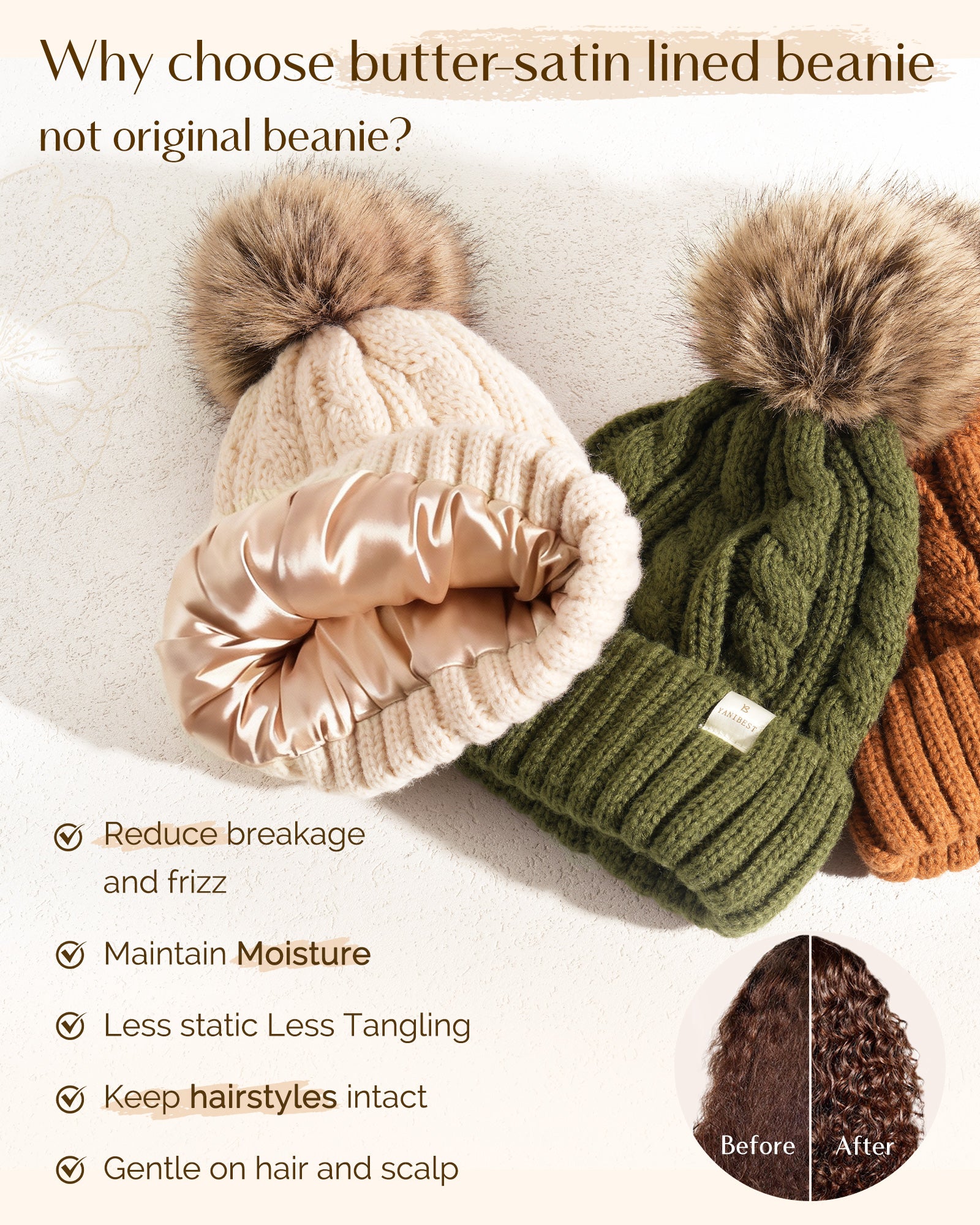Butter Satin Lined Pom Winter Beanie - Oat Gray