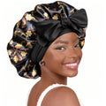 Silk Butter Satin Bonnet with Tie Band - Black Gold Floral