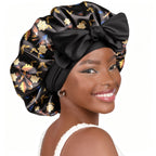 Silk Butter Satin Bonnet with Tie Band - Black Gold Floral