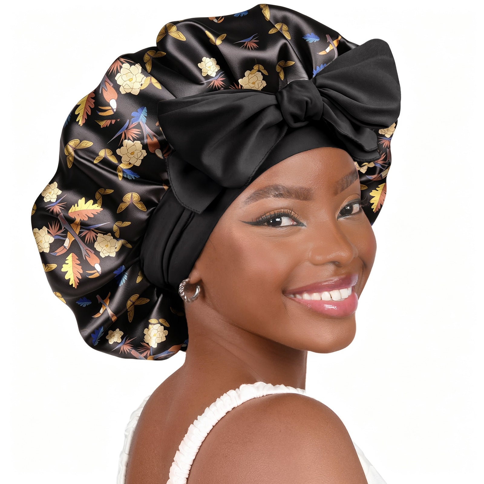 Silk Butter Satin Bonnet with Tie Band - Black Gold Floral