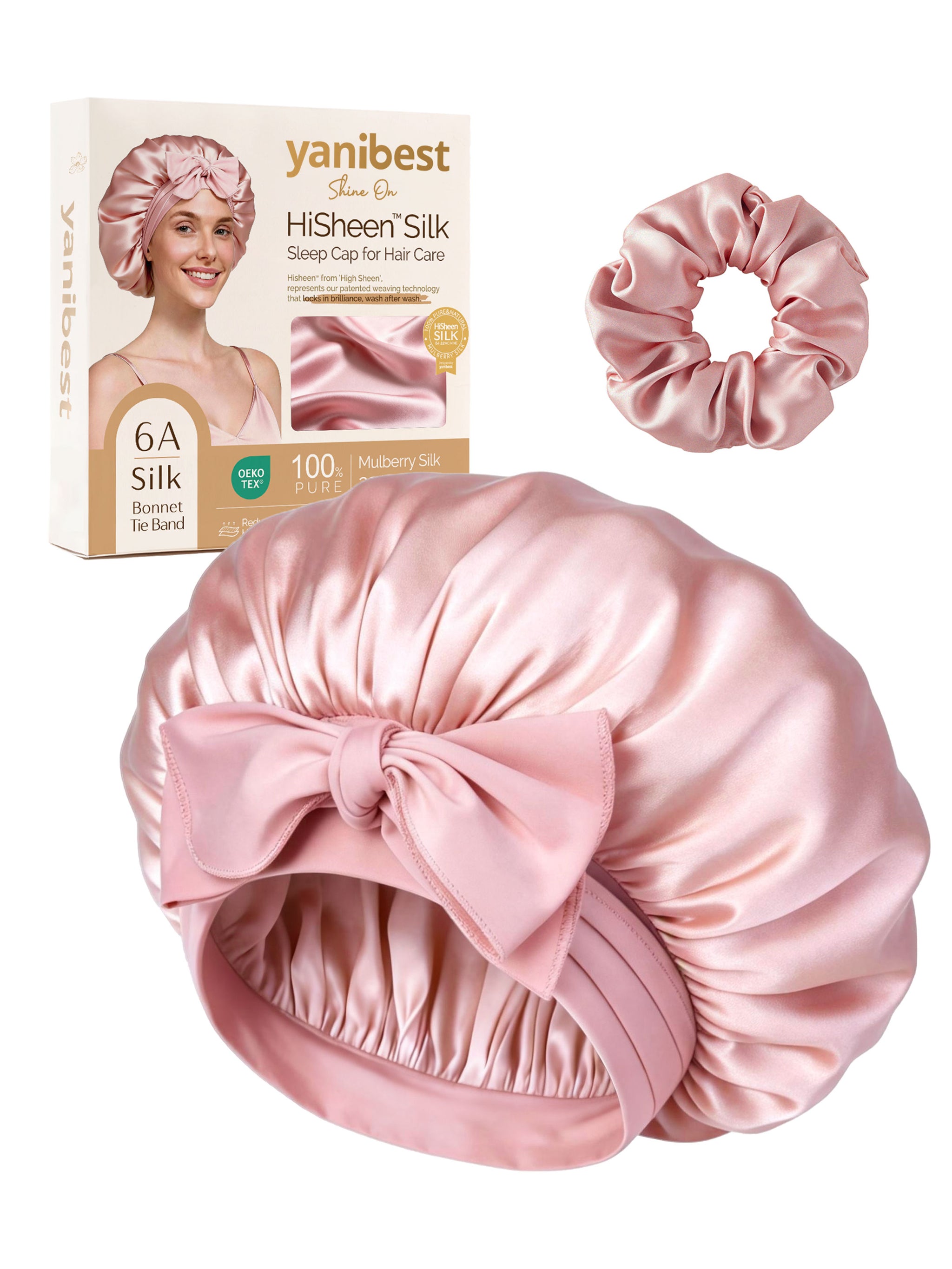 Hisheen Silk 6A Mulberry Silk Bonnet with Tie Band - Pink