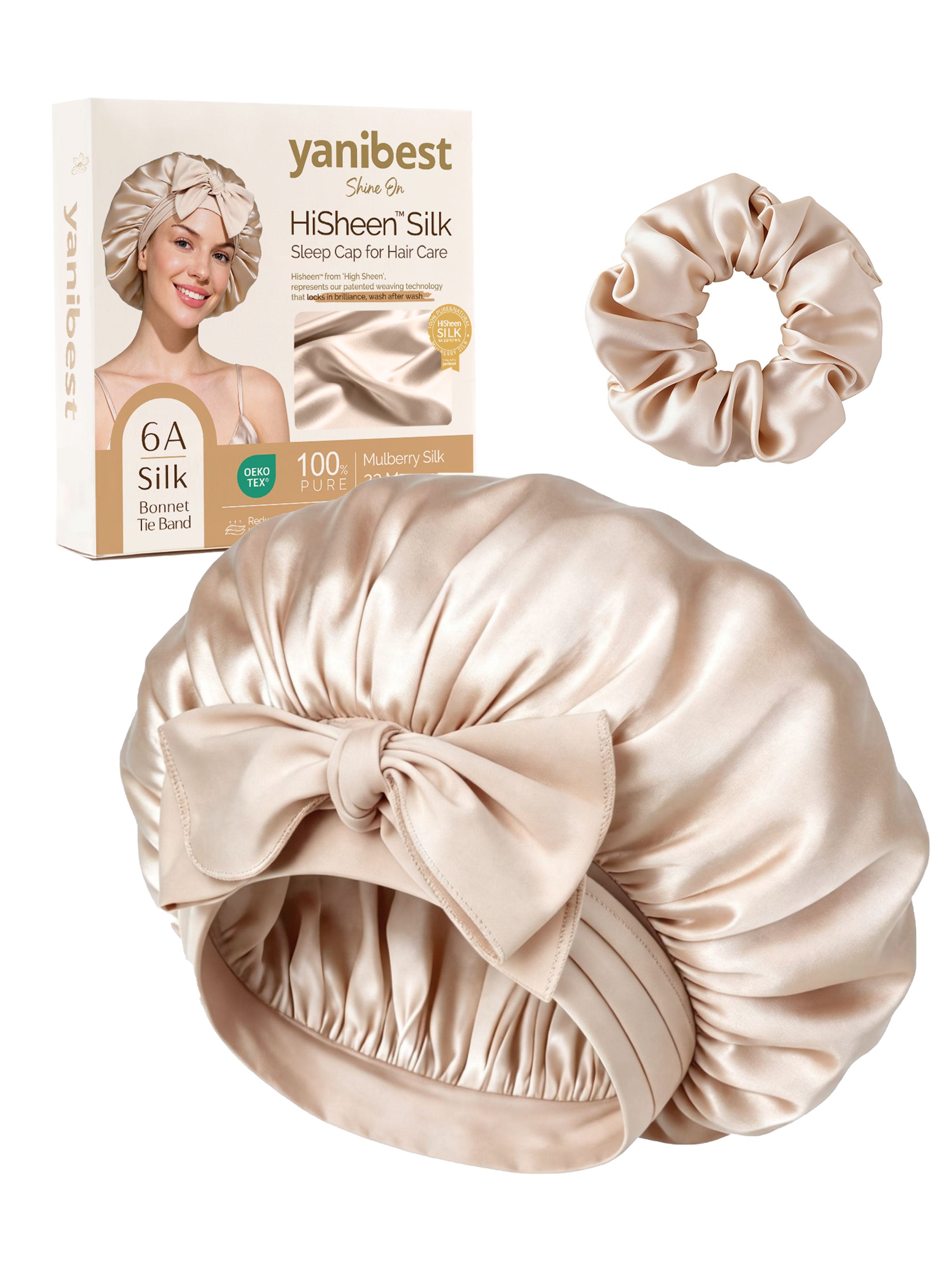 22 MOMME Mulberry Silk Bonnet with Tie Band - Champagne