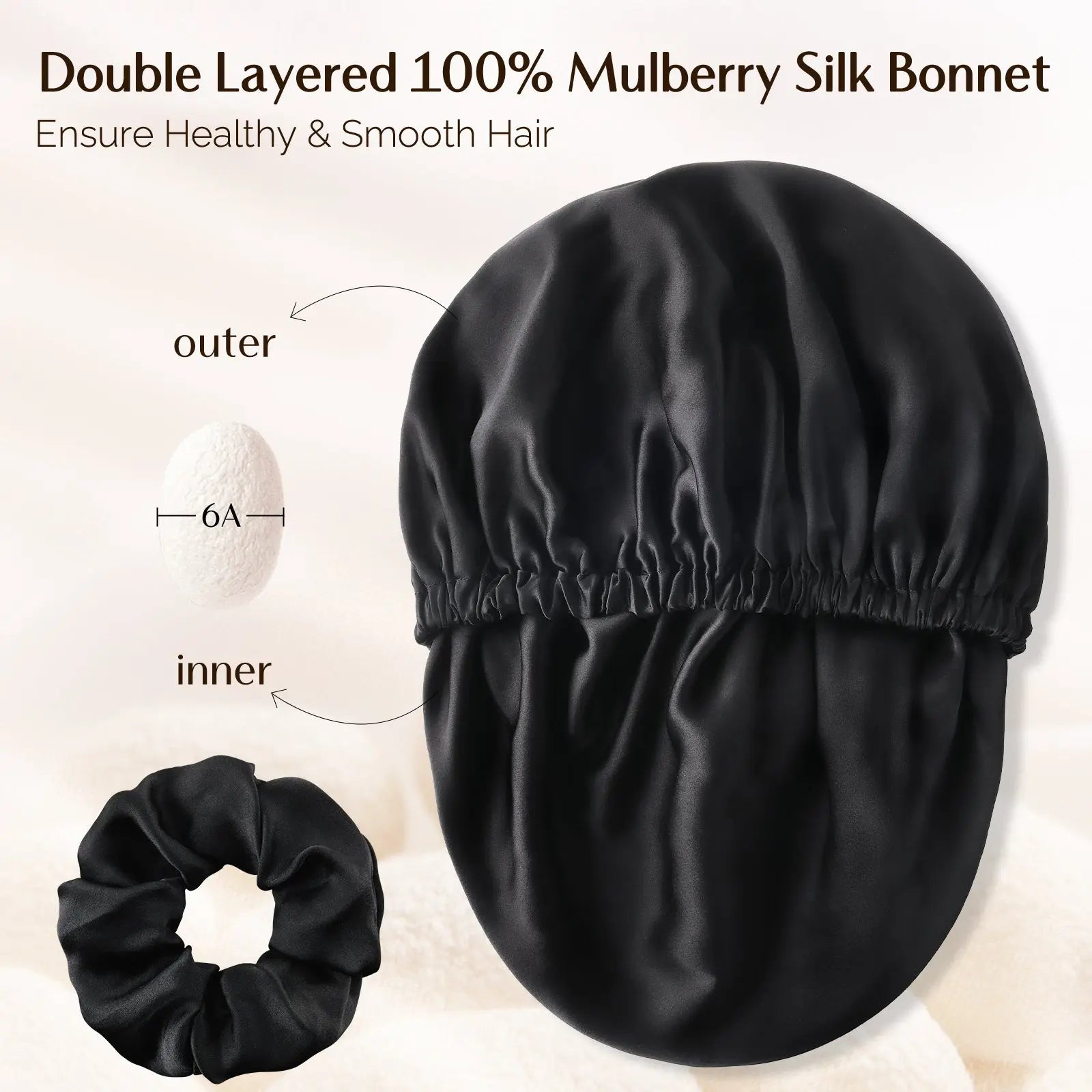 6A Mulberry Silk Bonnet Adjustable Elastic - Black YANIBEST