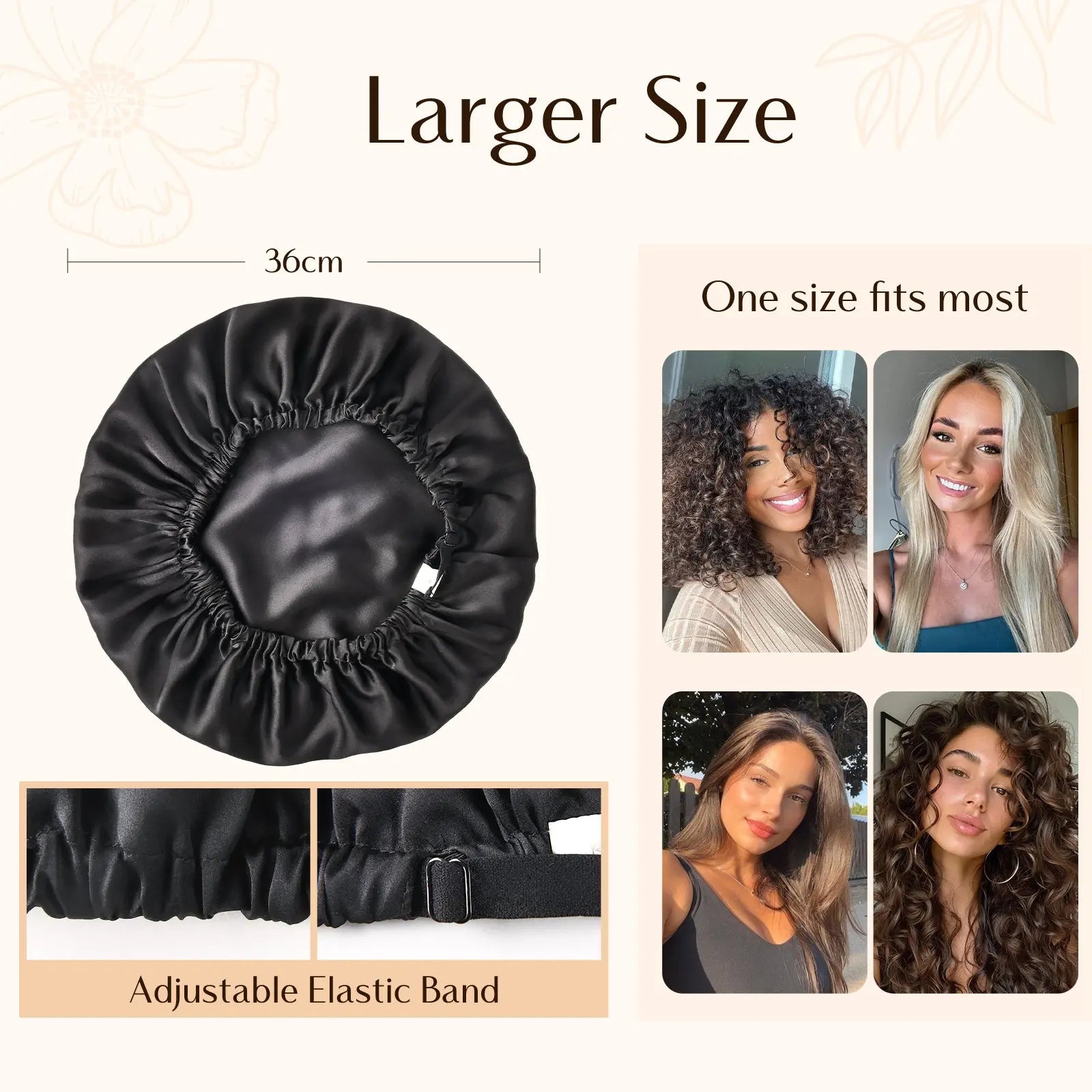 6A Mulberry Silk Bonnet Adjustable Elastic - Black YANIBEST