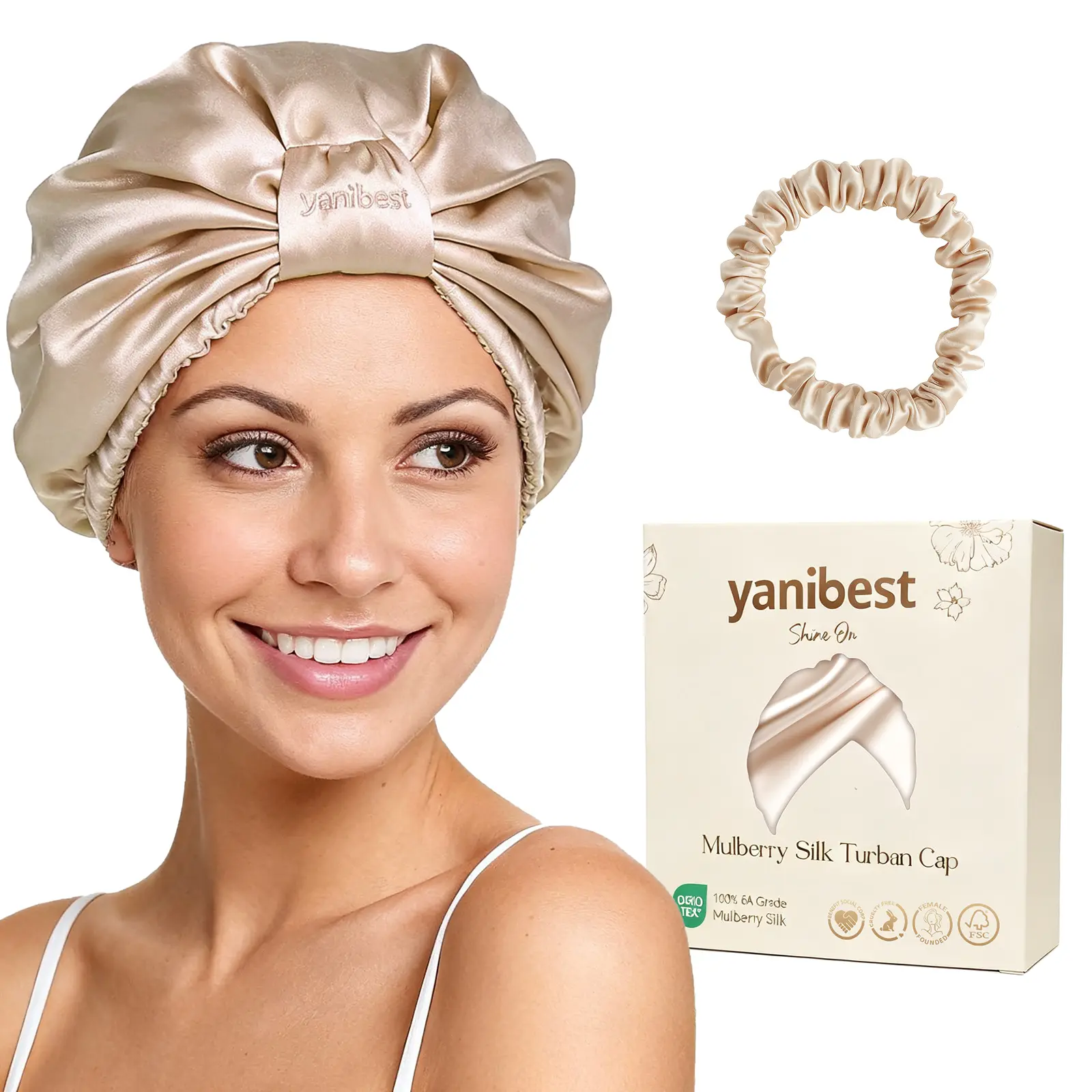 6A Mulberry Silk Bonnet Classic Turban - Champagne YANIBEST