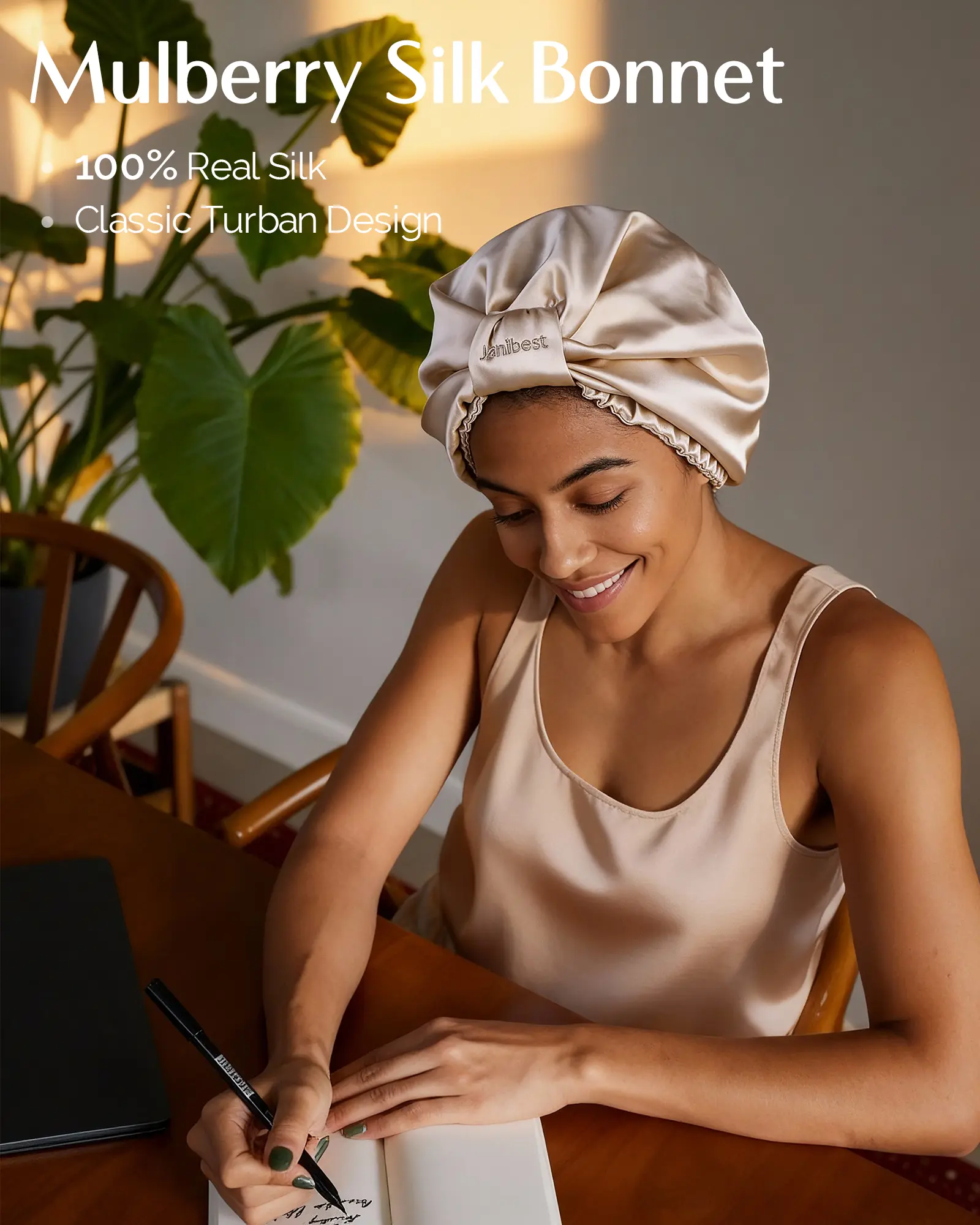 6A Mulberry Silk Bonnet Classic Turban - Champagne YANIBEST