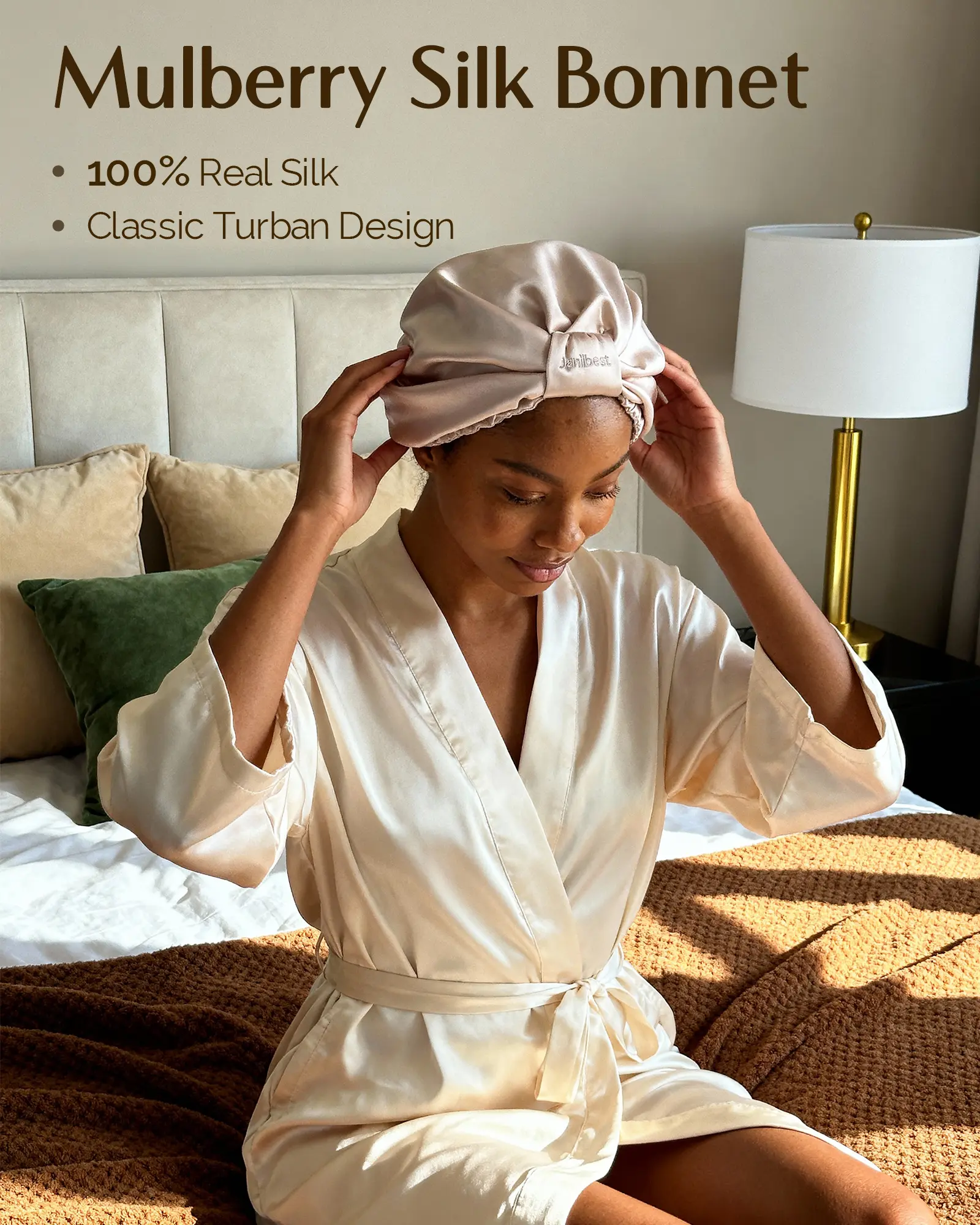 6A Mulberry Silk Bonnet Classic Turban - Champagne YANIBEST