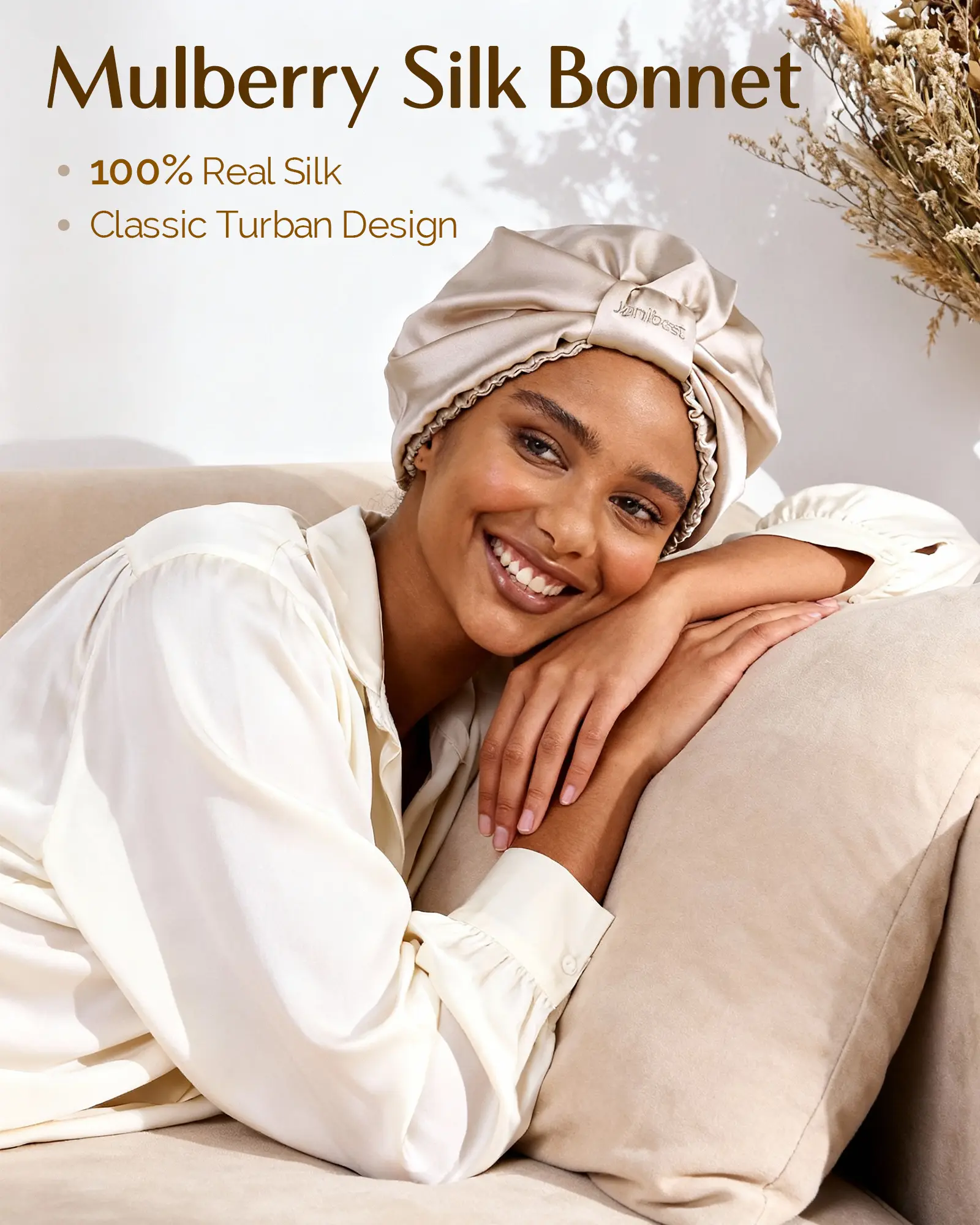 6A Mulberry Silk Bonnet Classic Turban - Champagne YANIBEST
