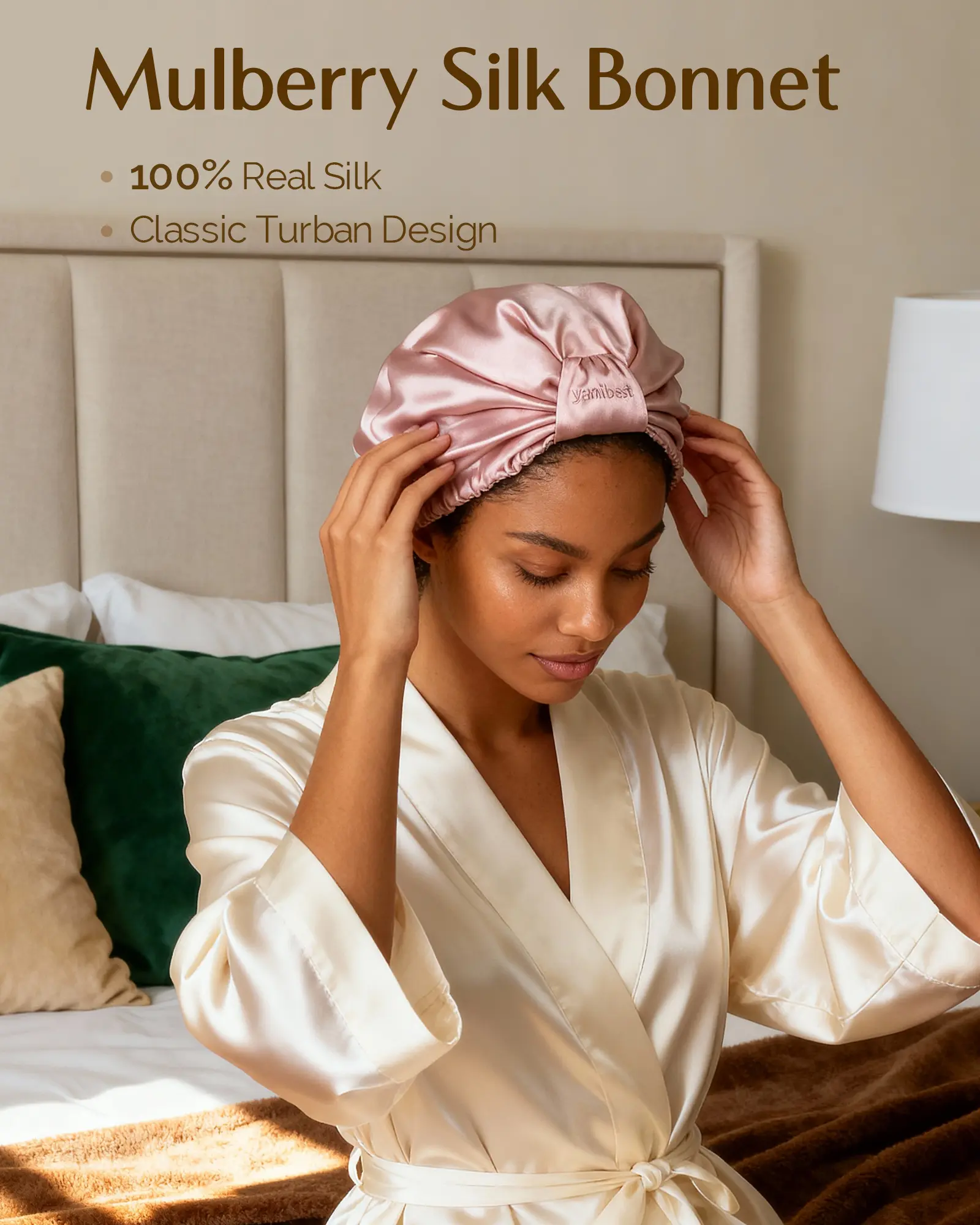 6A Mulberry Silk Bonnet Classic Turban - Pink YANIBEST