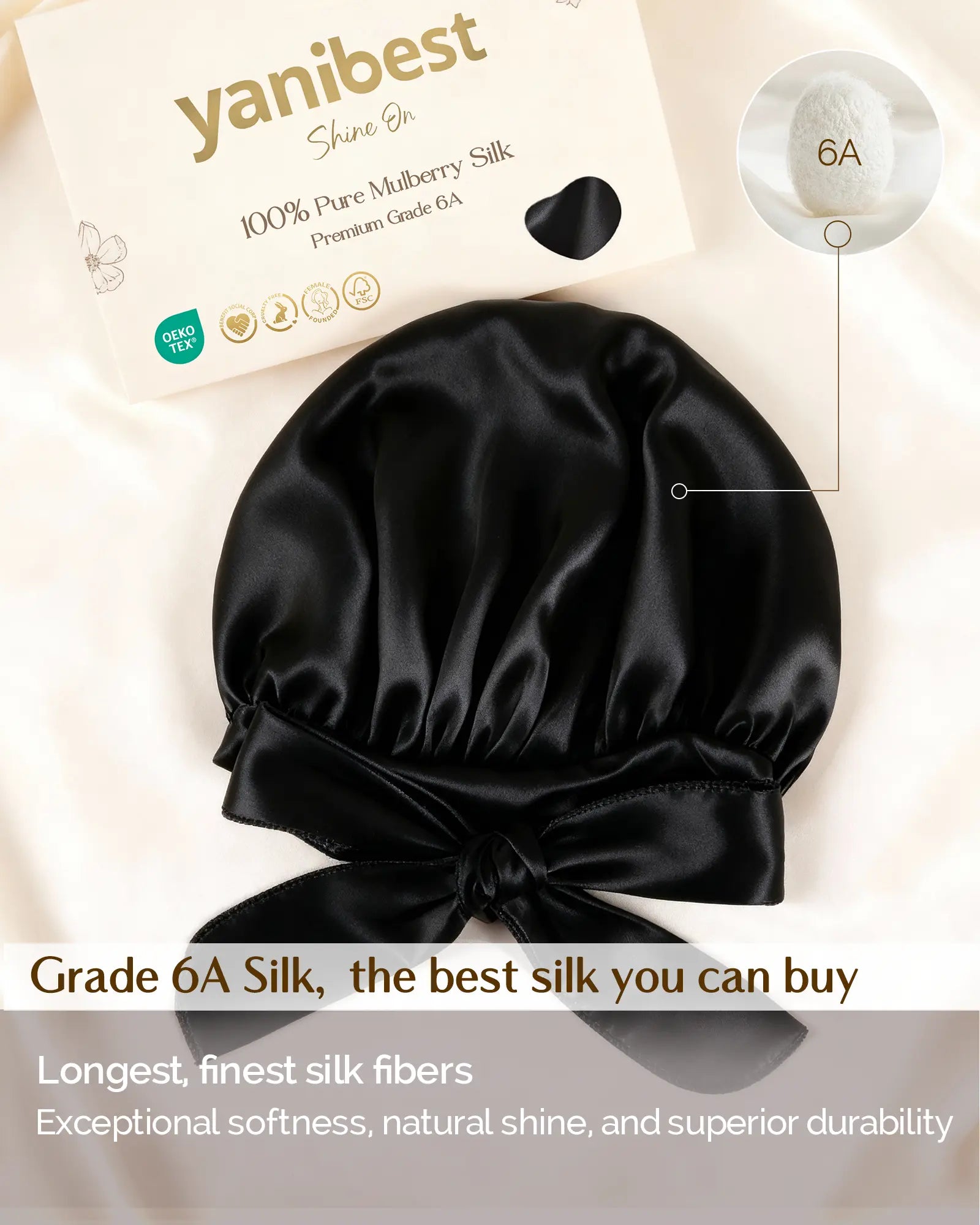 6A Mulberry Silk Bonnet with Tie Band - Black YANIBEST