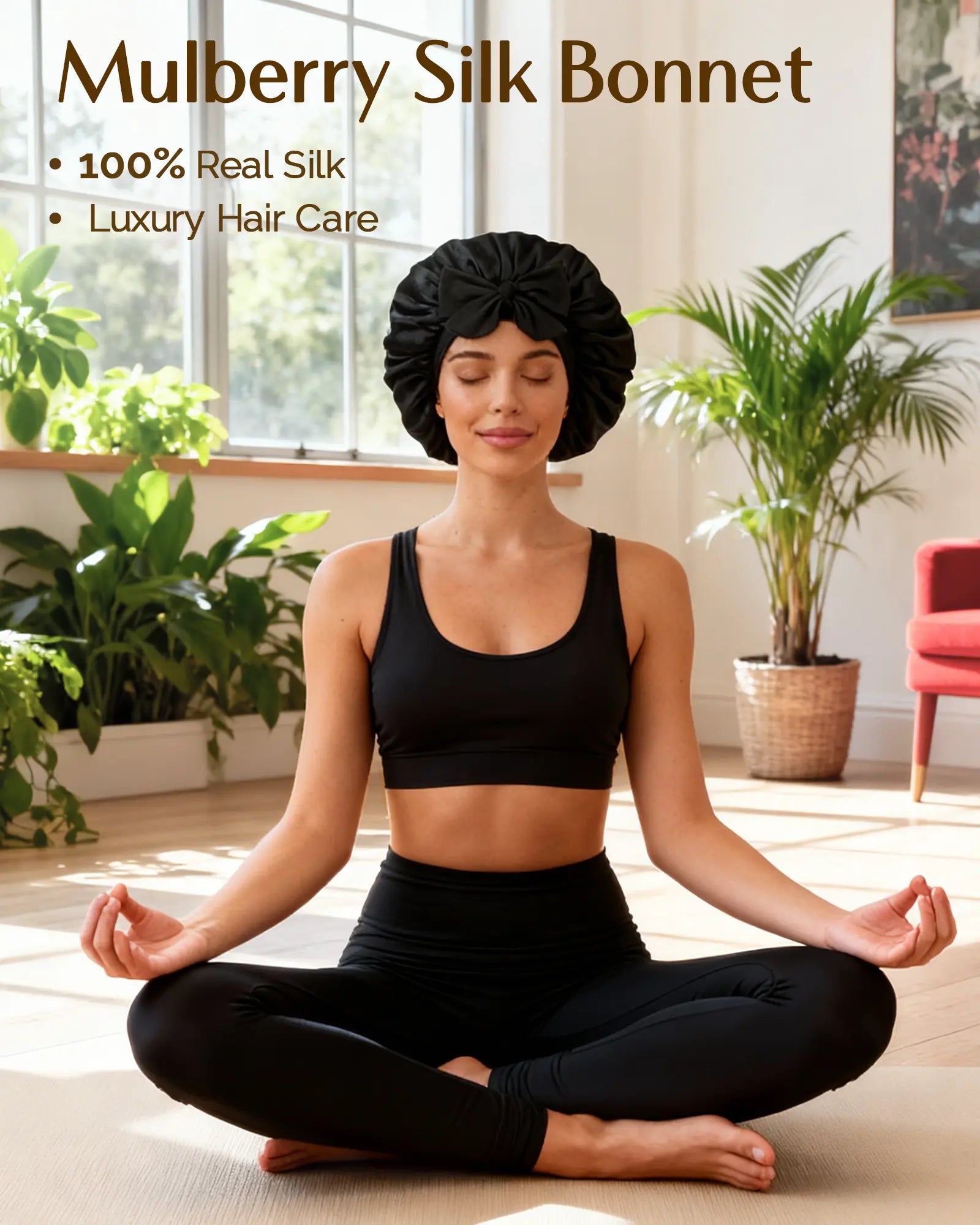 6A Mulberry Silk Bonnet with Tie Band - Black YANIBEST