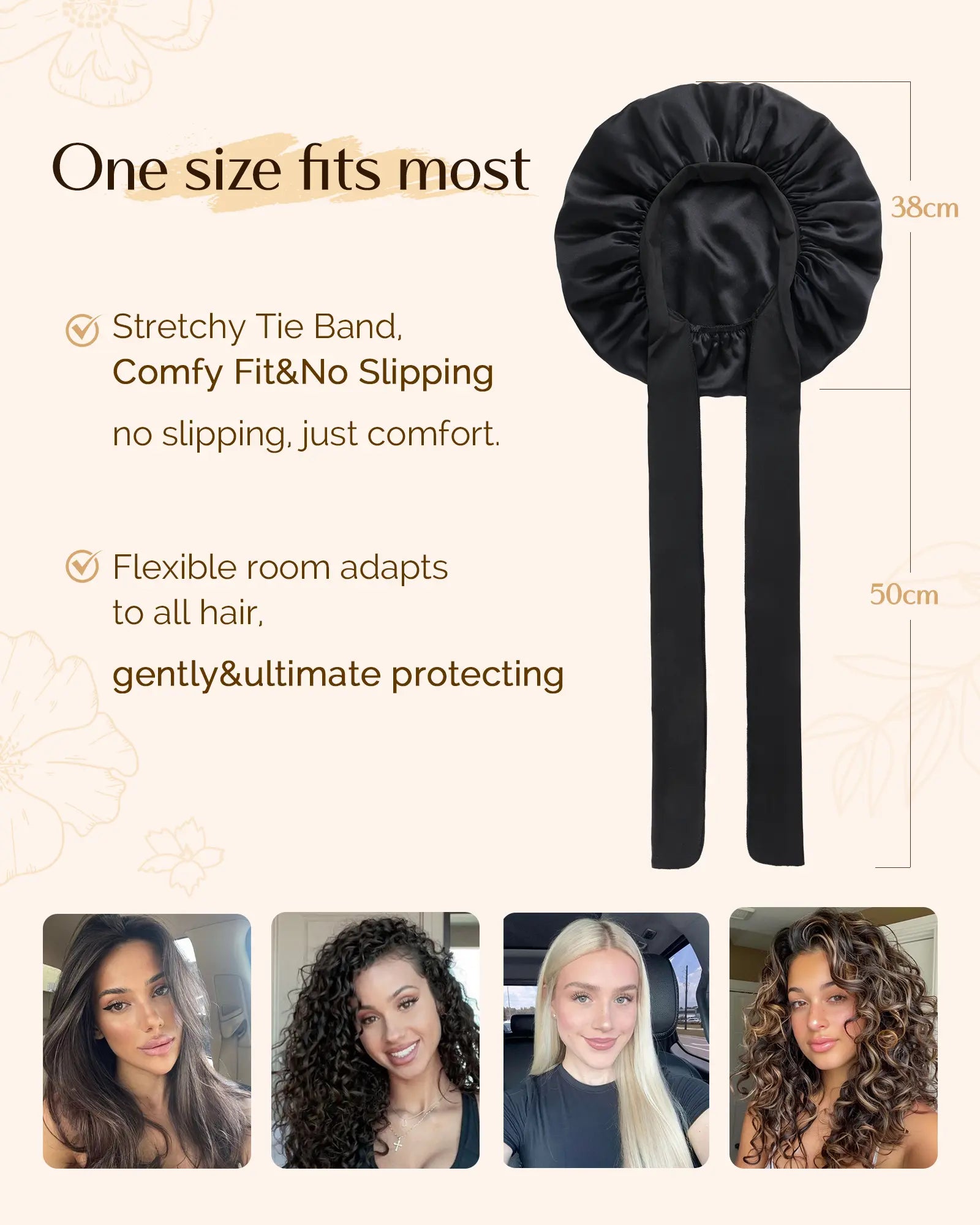 6A Mulberry Silk Bonnet with Tie Band - Black YANIBEST