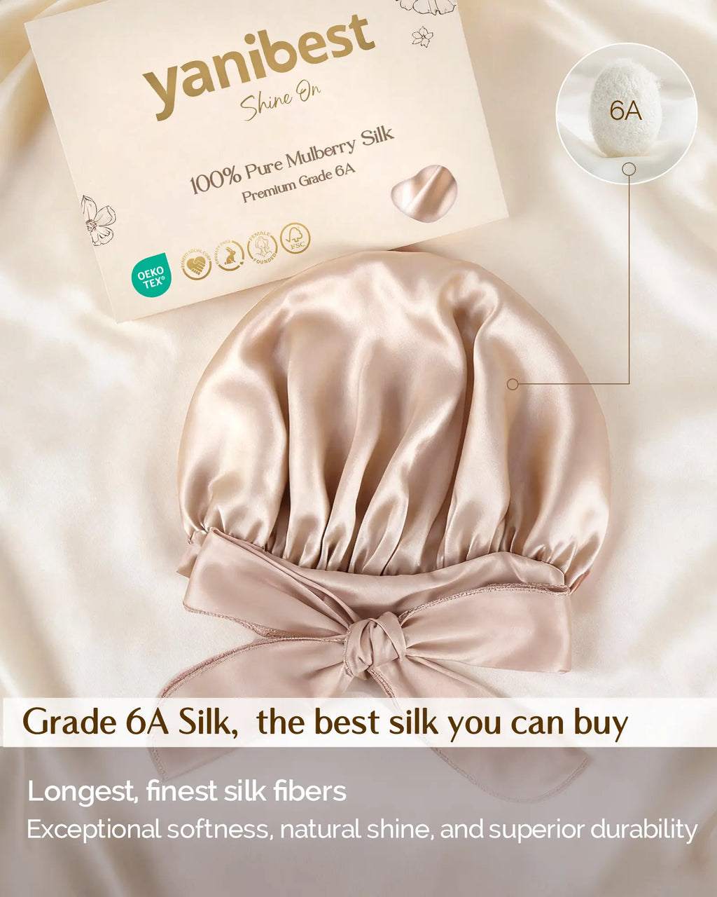 6A Mulberry Silk Bonnet with Tie Band - Champagne YANIBEST