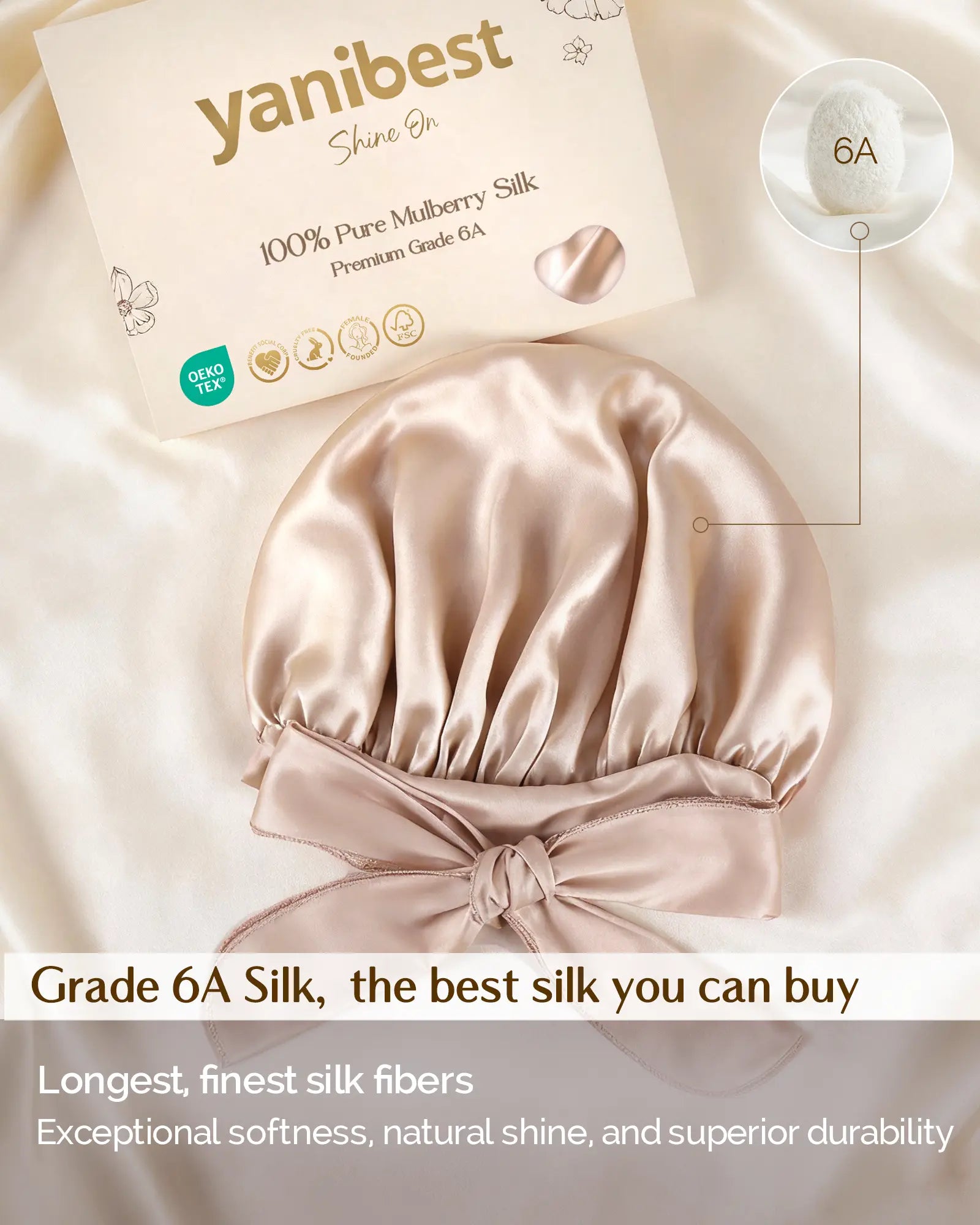 6A Mulberry Silk Bonnet with Tie Band - Champagne YANIBEST