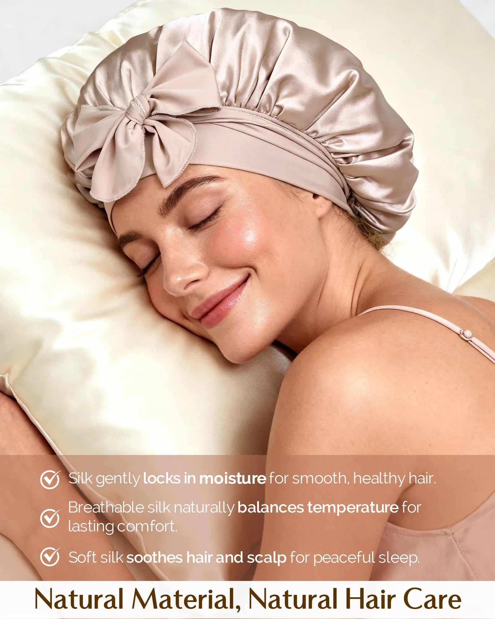6A Mulberry Silk Bonnet with Tie Band - Champagne YANIBEST