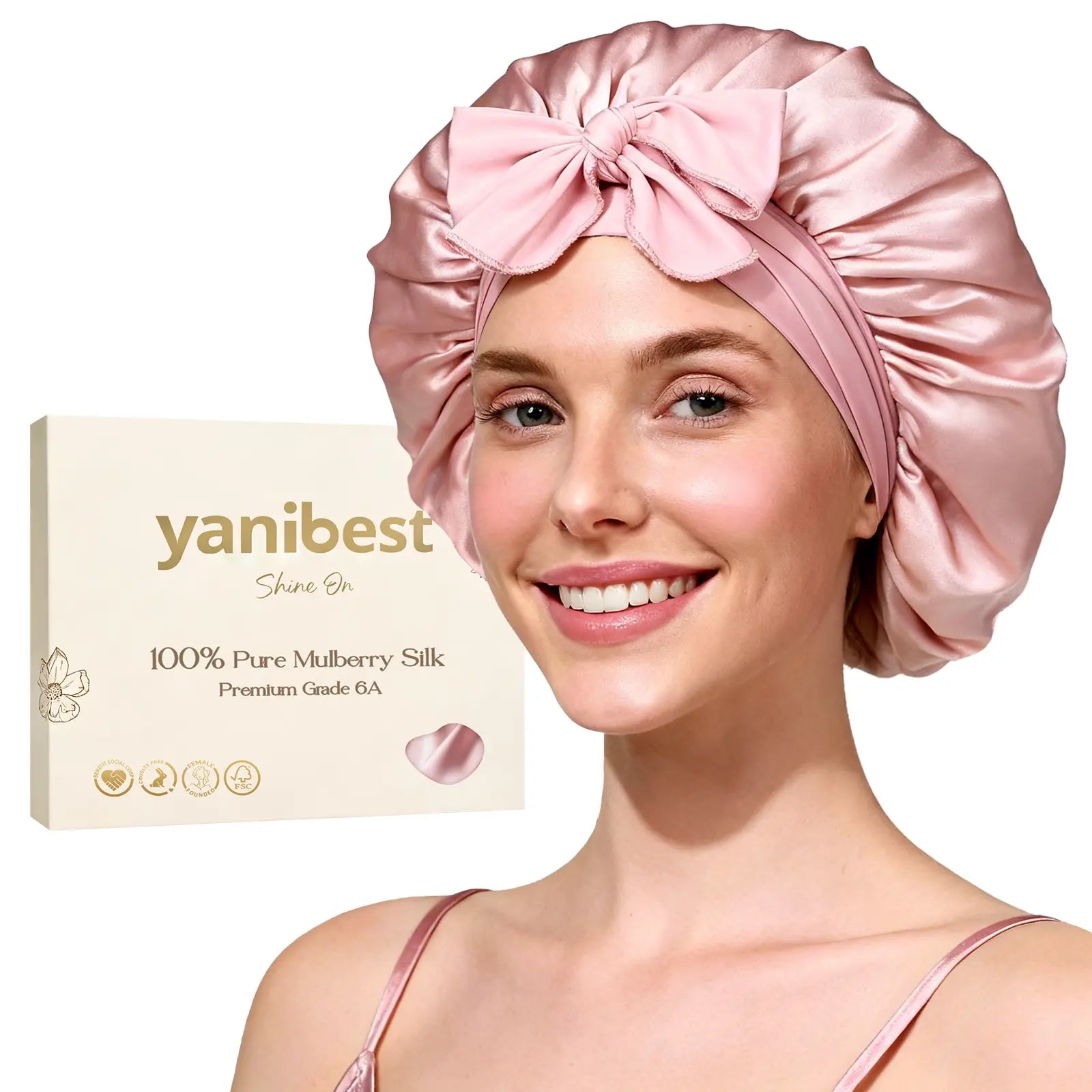 6A Mulberry Silk Bonnet with Tie Band - Pink YANIBEST