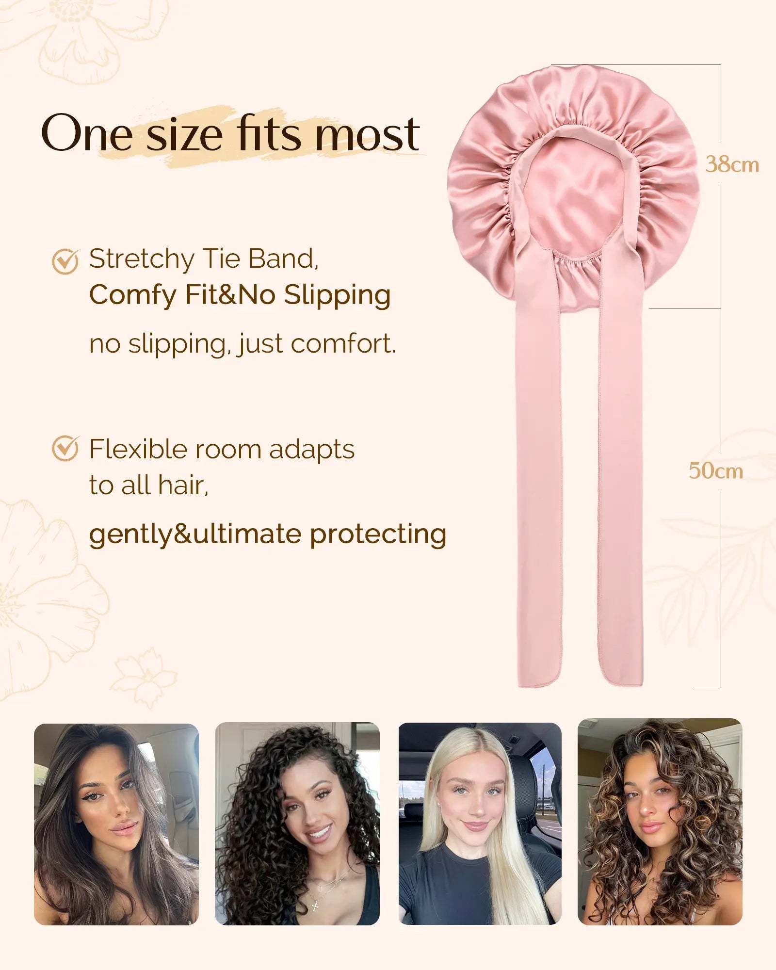 6A Mulberry Silk Bonnet with Tie Band - Pink YANIBEST