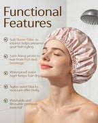 Butter Satin Lined Waterproof Shower Cap - Pink Leaves