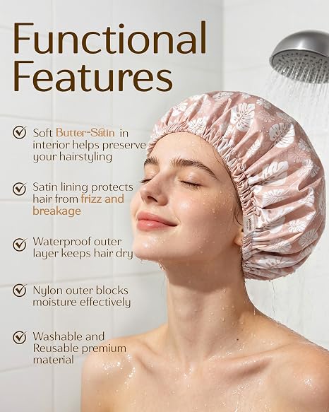 Butter Satin Lined Waterproof Shower Cap - Pink Leaves