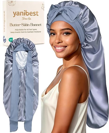 Silk Butter Satin Bonnet For Extra Long Adjustable - Blue